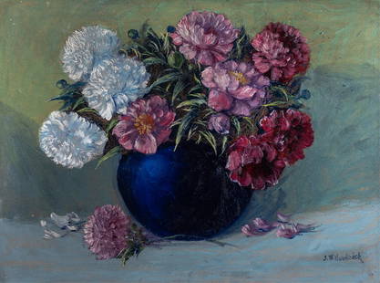 John Wesley Hardrick, 1891-1968, Peonies in a Blue Vase: John Wesley Hardrick1891-1968Peonies in a Blue Vasec. 1940oil on board24 x 32 inchessignedProvenance: The Collection of Joy L. Thornton, IndianapolisIllustrated: A Place of His Own: