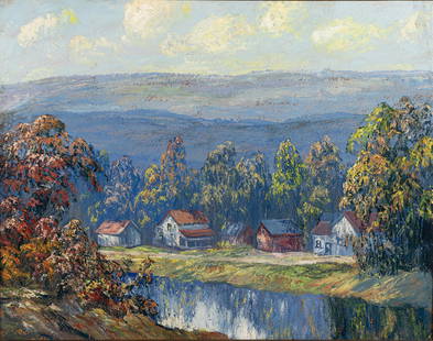 John Wesley Hardrick, 1891-1968, Houses along the Whitewater River, Indianapolis: John Wesley Hardrick1891-1968Houses along the Whitewater River, Indianapolis1930oil on board18 x 24 inchesestate collection stamp versoProvenance: Collection of Rev. Joy L. Thornton, Indianapoli