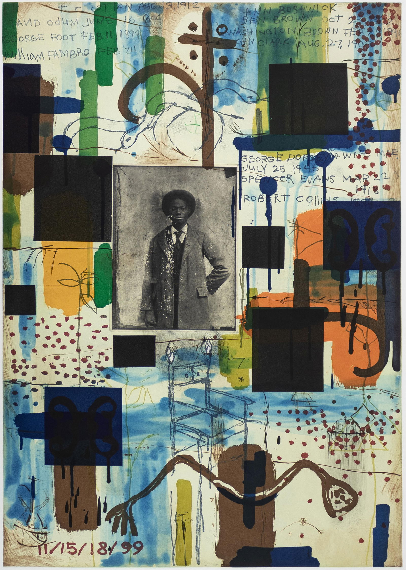 Radcliffe Bailey, 1968-2023, Until I Die/ Georgia Trees and the Upper Room: Radcliffe Bailey1968-2023Until I Die/ Georgia Trees and the Upper Room1997Color aquatint etching with photogravure and chine colle on Somerset wove paper36 x 24 inches (image)44 1/4 x 30 3/4 inches (s