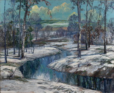 John Wesley Hardrick, 1891-1968, A Stream in Winter: John Wesley Hardrick1891-1968A Stream in Winter1930-1940oil on board24 x 30 inchesstamped with collection and estate stamp versoProvenance: The Collection of Rev. Joy Thornton, Indianapoli