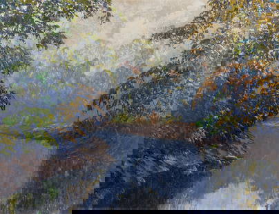 John Wesley Hardrick, 1891-1968, A Bend in the Stream: John Wesley Hardrick1891-1968A Bend in the Stream1930-1940oil on board26 x 34 inchesstamped with collection and estate stamp versoProvenance: The Collection of Rev. Joy Thornton, Indianapo