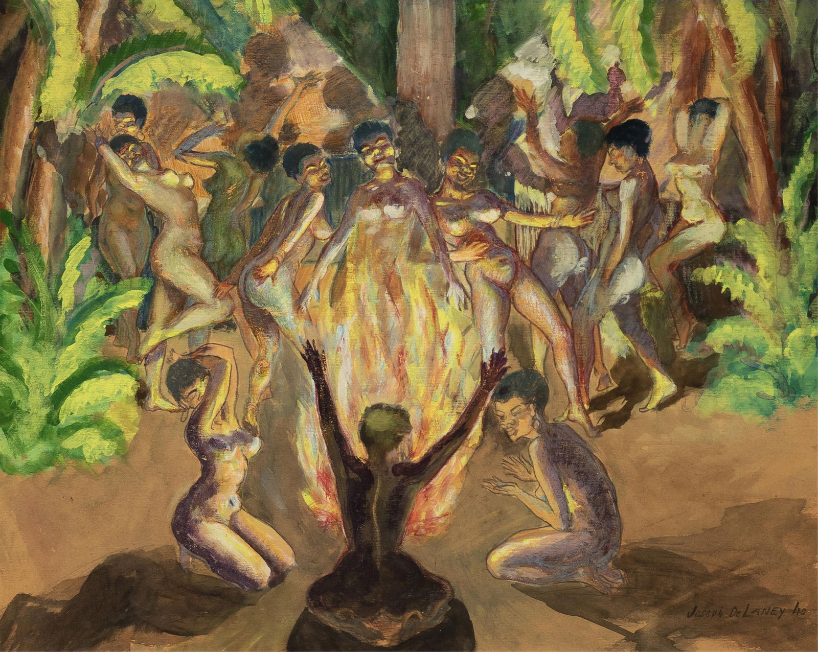 Joseph Delaney, 1904-1981, Ritual Dancers: Joseph Delaney1904-1981Ritual Dancers1940watercolor, gouache, and pencil on illustration board16 x 19 inchessigned and datedThis is an excellent, early example by the artist.