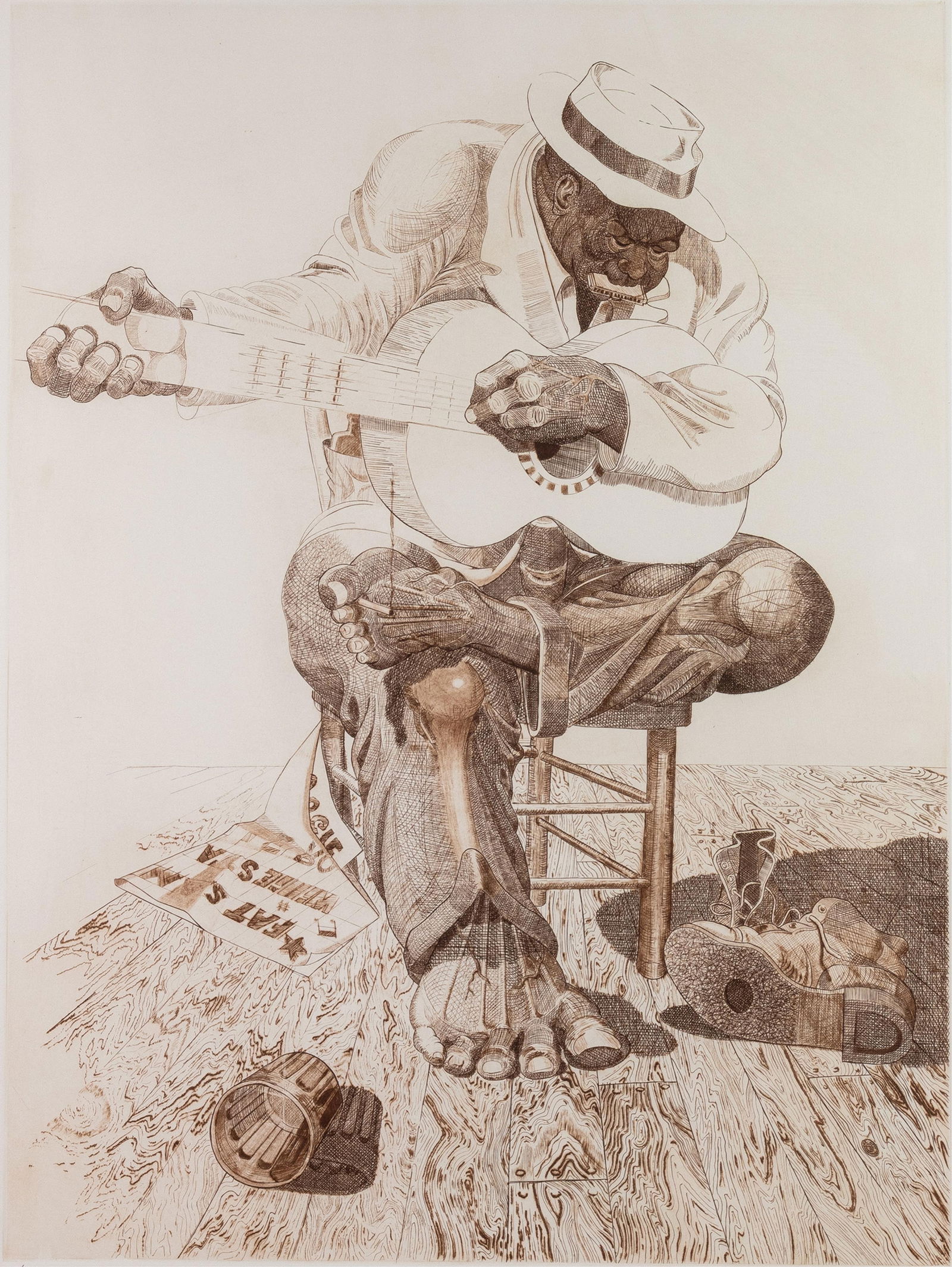 Ron Adams, 1934-2020, Fat Sam: Ron Adams1934-2020Fat Sam2005engraving on Arches paper23-3/4 x 17-1/2 inches (image)30 x 22-1/2 inches (sheet)signed, dated, titled, with Artist's Proof, aside from an edition of 70.