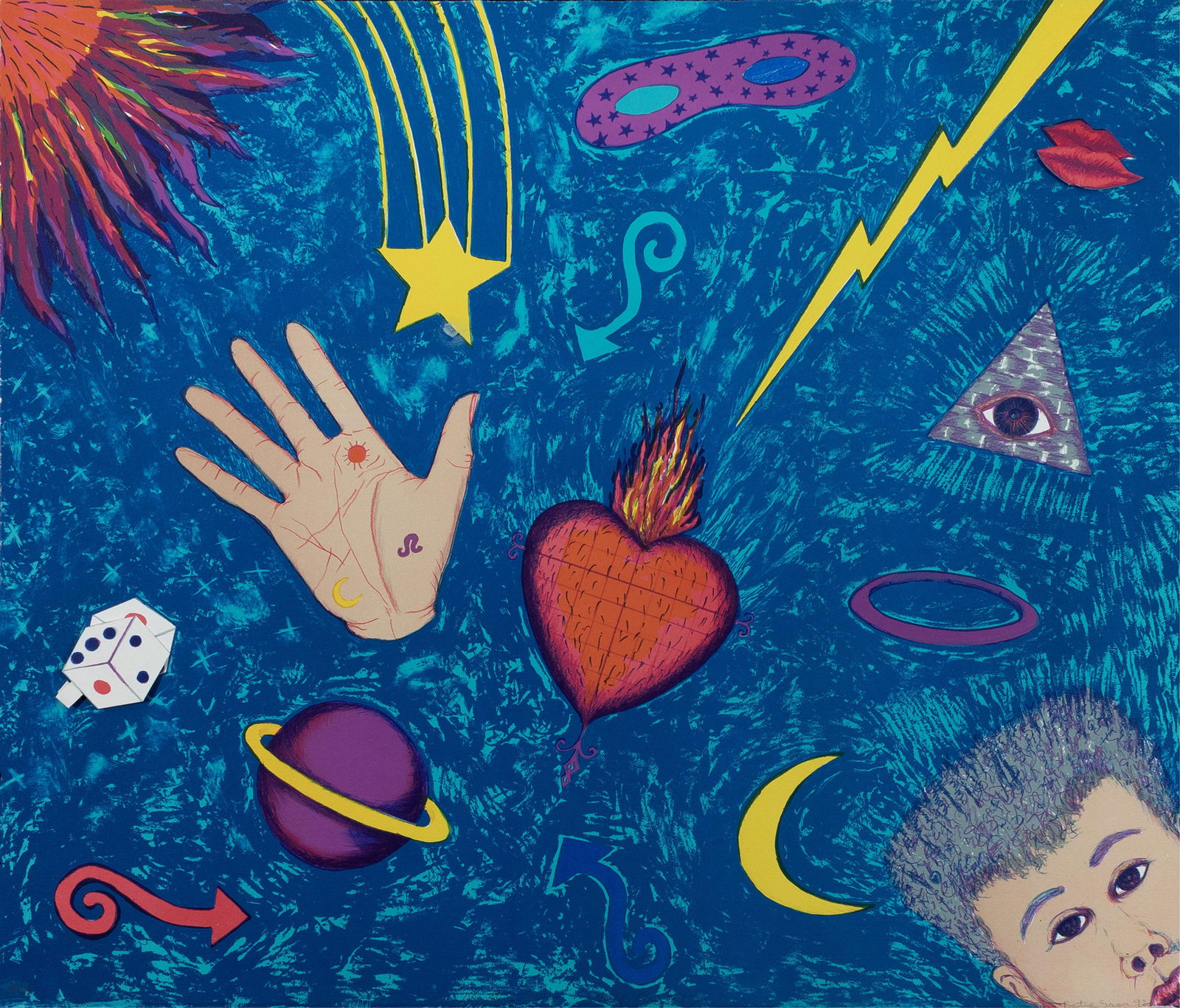 Betye Saar, b. 1926, Mystic Sky with Self-Portrait: Betye Saarb. 1926Mystic Sky with Self-Portrait1992color offset lithograph with paper construction21-7/16 x 25-1/4 inchesSigned dated, edition: 100, 10 artist's proofs, 2 printer's proofsPr