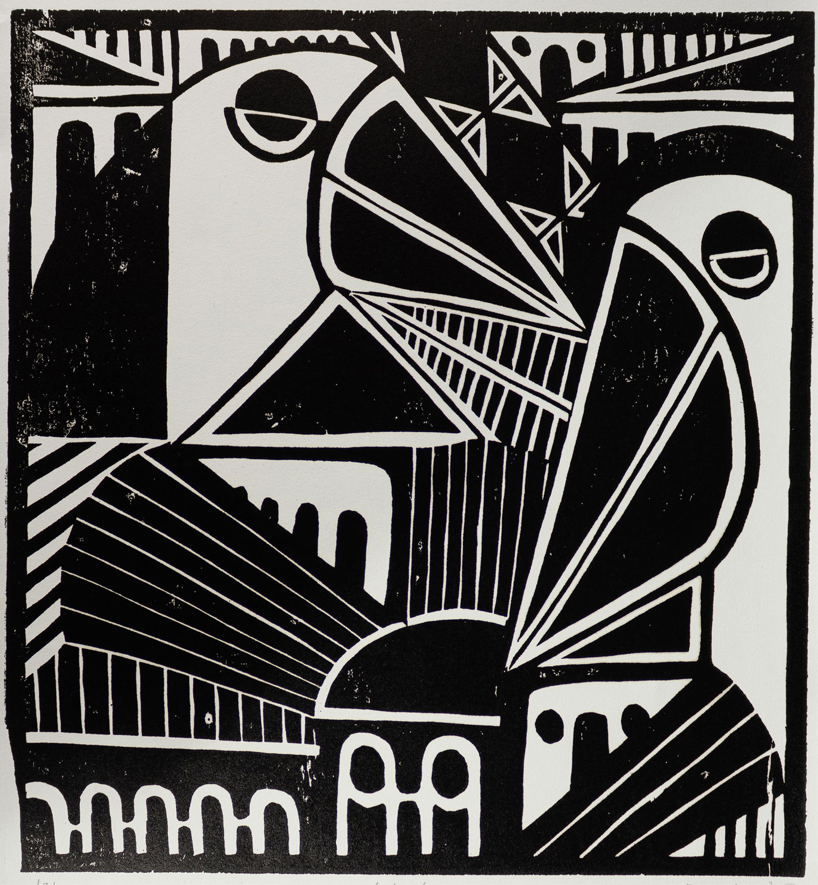 El Loko, Togolese 1950-2016, Vogel Stadt: El LokoTogolese, 1950-2016Vogel Stadt1975woodcut print on paper19 x 17-1/2 inches (image)25-1/2 x 18-1/2 inches (sheet)Provenance: private collection, Atlanta, GA. This artist is Togolese, but w