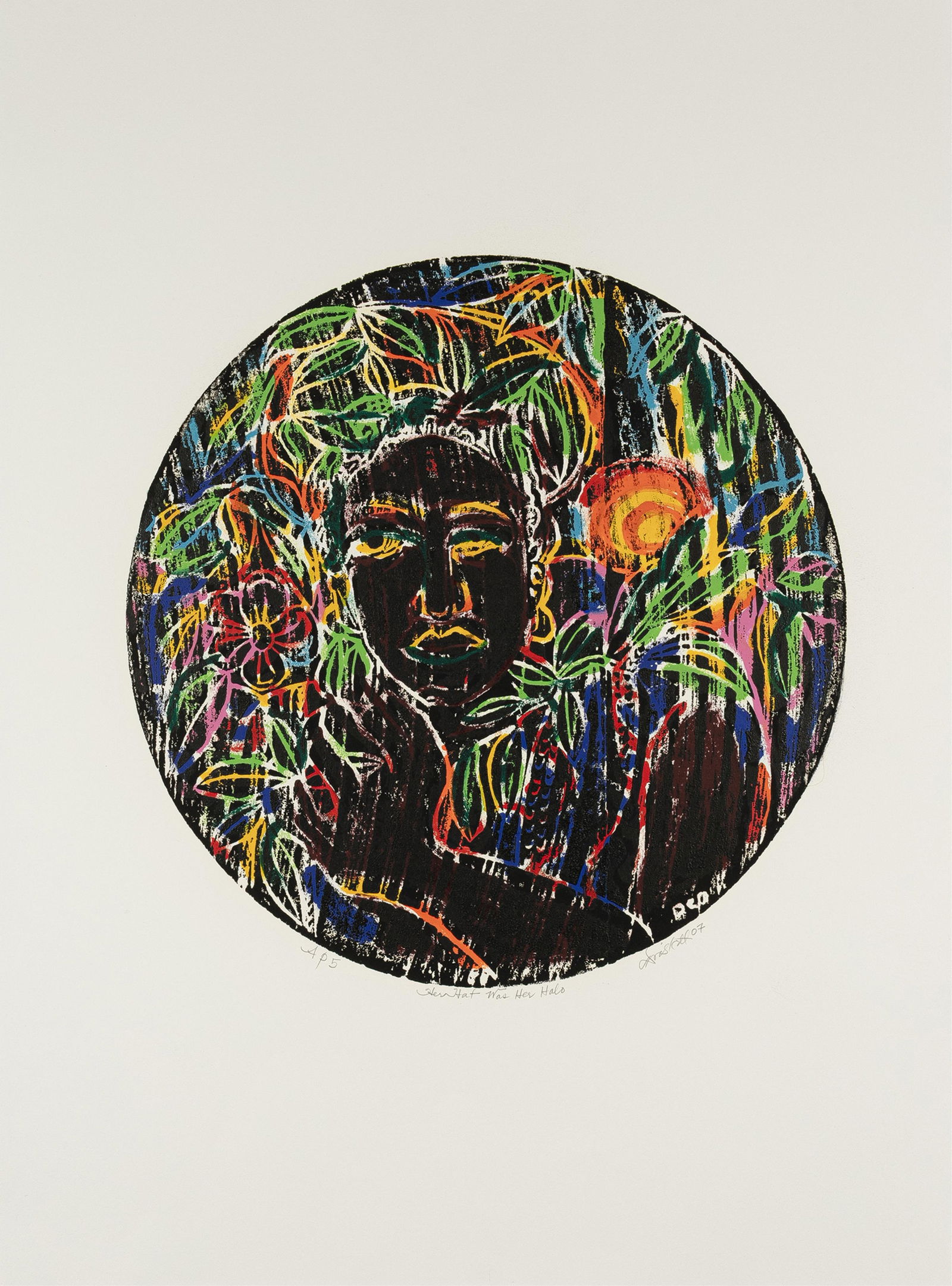 David Driskell, 1931-2020, Her Hat Was Her Halo: David Driskell1931-2020Her Hat Was Her Halo2007color woodcut print on wove paper17 inches diameter (image), full marginssigned, titled, dated, with AP5