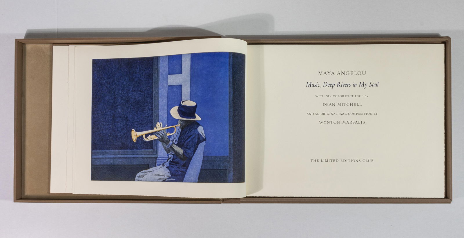 Dean Mitchell, b. 1957, Music, Deep Rivers in My Soul: Dean Mitchellb. 1957Music, Deep Rivers in My Soul2003Hard cover folio including a poem by Maya Angelou and six color etchings by Dean Mitchell, and a compact disc of an original jazz composition by Wy