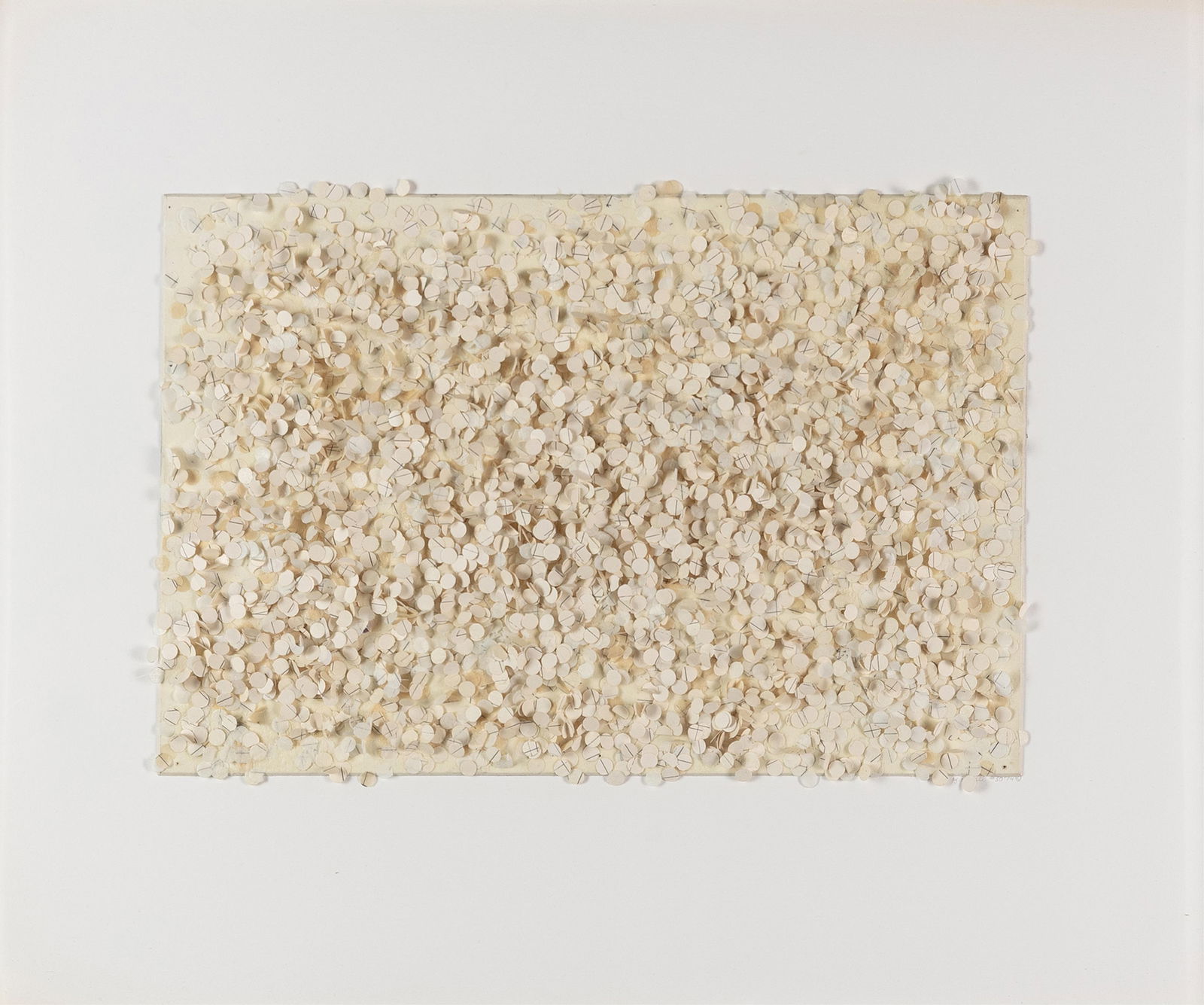 Howardena Pindell, b. 1943, Untitled 50: Howardena Pindellb. 1943Untitled 501974pen and Ink, tracing paper and powder on illustration boardwith supporting structure verso, housed in its original plexiglass shadow box.9 x 14 inches (image)