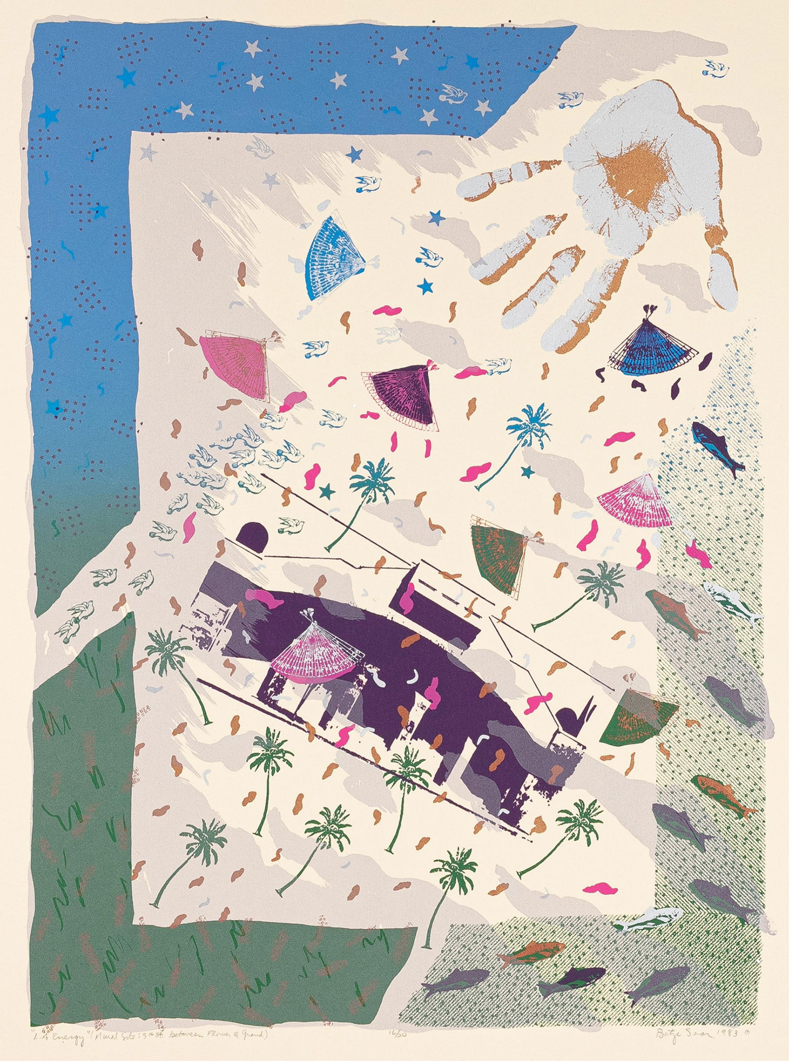 Betye Saar, b. 1926, L.A. Energy (Mural Site: 5th Street between Flower and Grand): Betye Saarb. 1926L.A. Energy (Mural Site: 5th Street between Flower and Grand)1983color lithographimage: 23 3/8 x 17 1/4"sheet: 28 1/2 x 22 1/4"signed, dated, titled and numbered 16/20