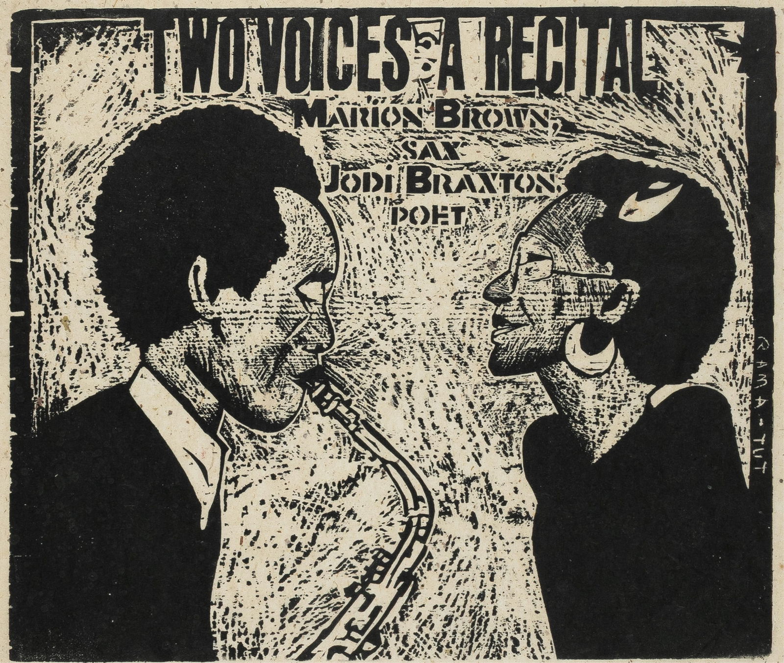 Michael Kelly Williams, b. 1950, Two Voices: Michael Kelly Williamsb. 1950Two Voices1977woodblock print18 x 21 inches (image)24 x 25 inches (sheet)signed, dated, titled, and dedicated for William Carter; numbered 27/40