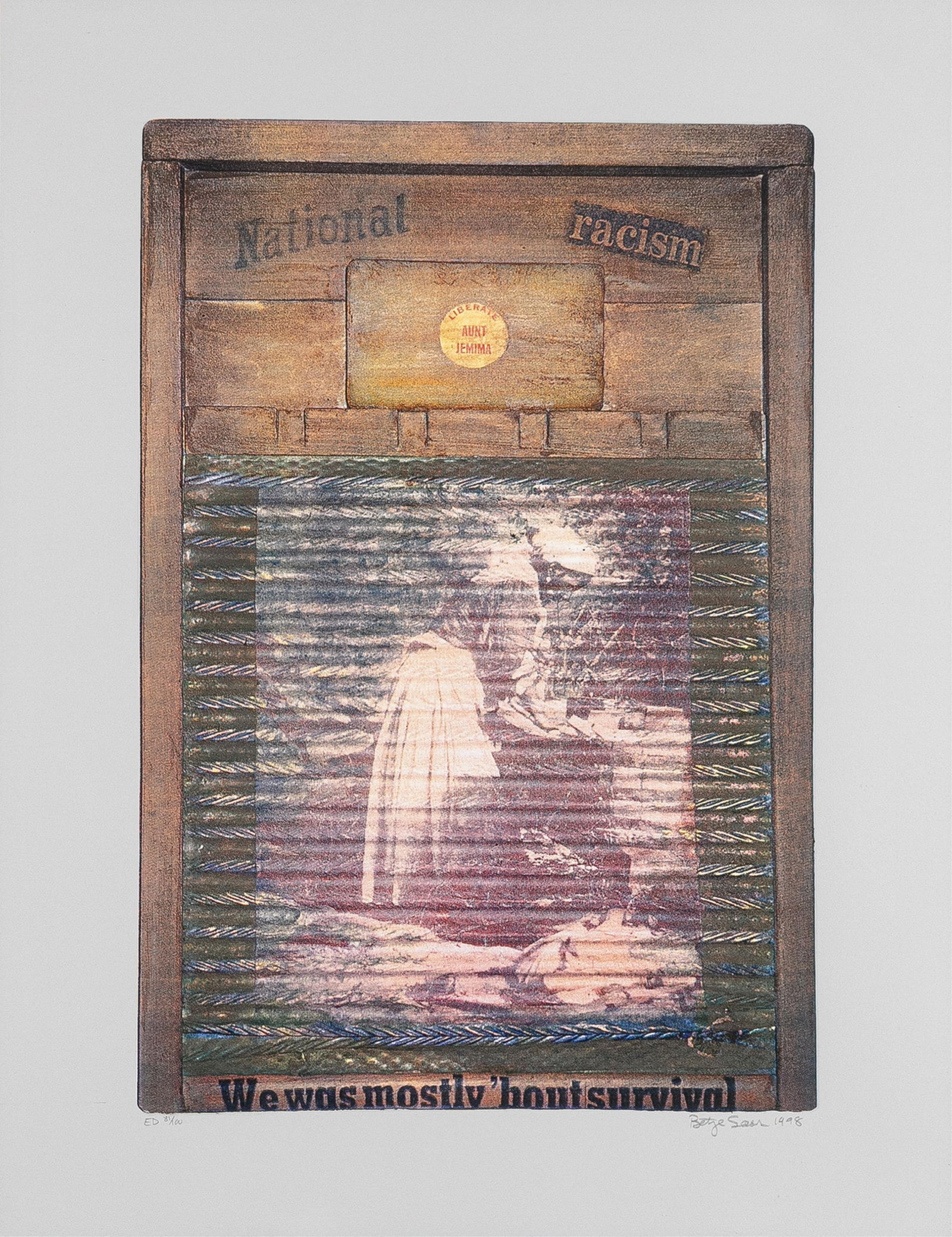 Betye Saar, b. 1926, We Was Mostly 'Bout Survival: Betye Saarb. 1926We Was Mostly 'Bout Survival1998color screenprint on gray wove paper25 3/4 x 19 7/8 inches (sheet)signed, dated and numbered, ED 81/100
