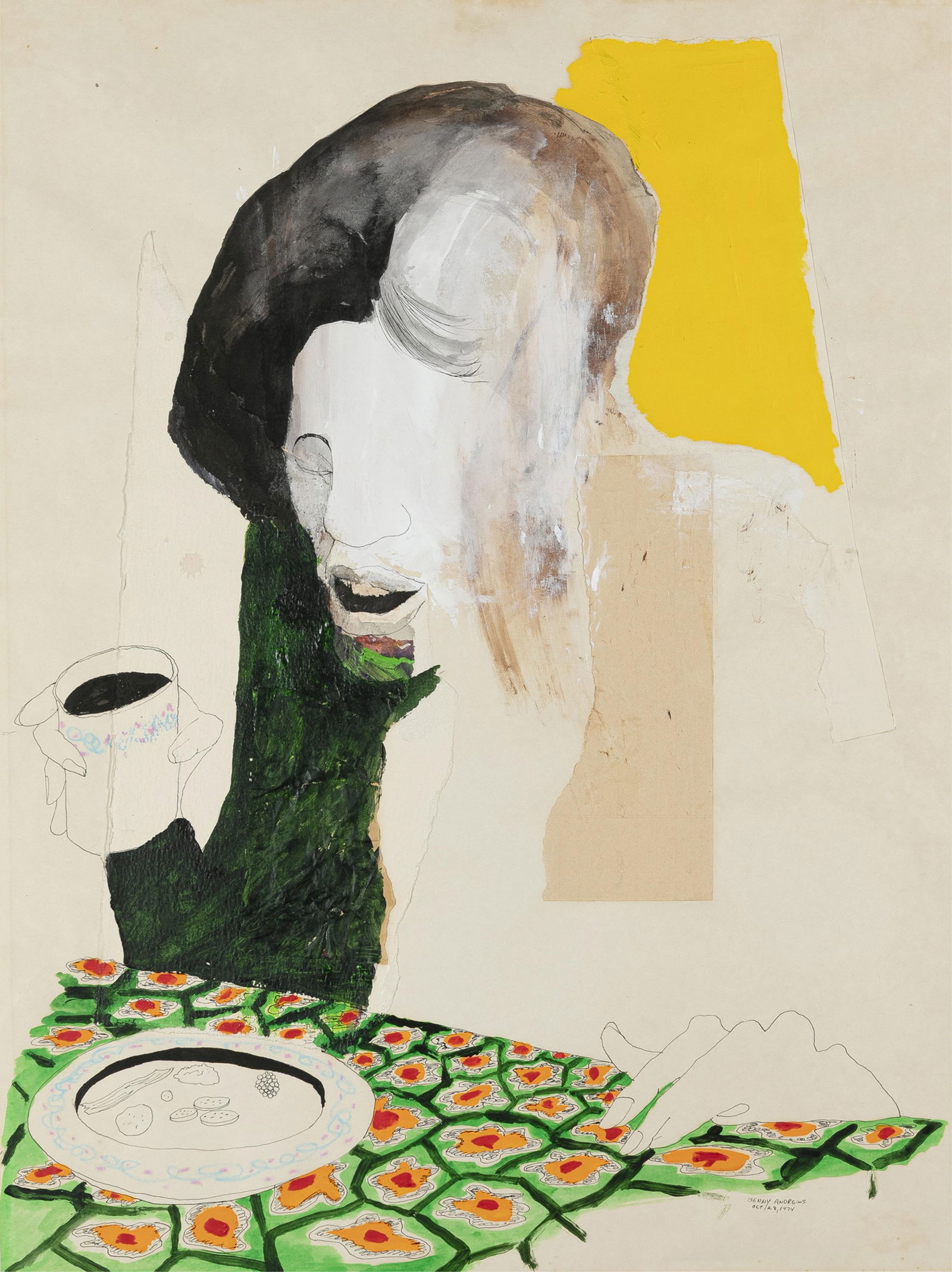 Benny Andrews, 1930-2006, Heater: Benny Andrews1930-2006Heater1974mixed media and collage (acrylic, watercolor, ink, paper)24 x 18 inchessigned and dated, October 28, 1974; signed, titled and dated versoProvenance: the fam