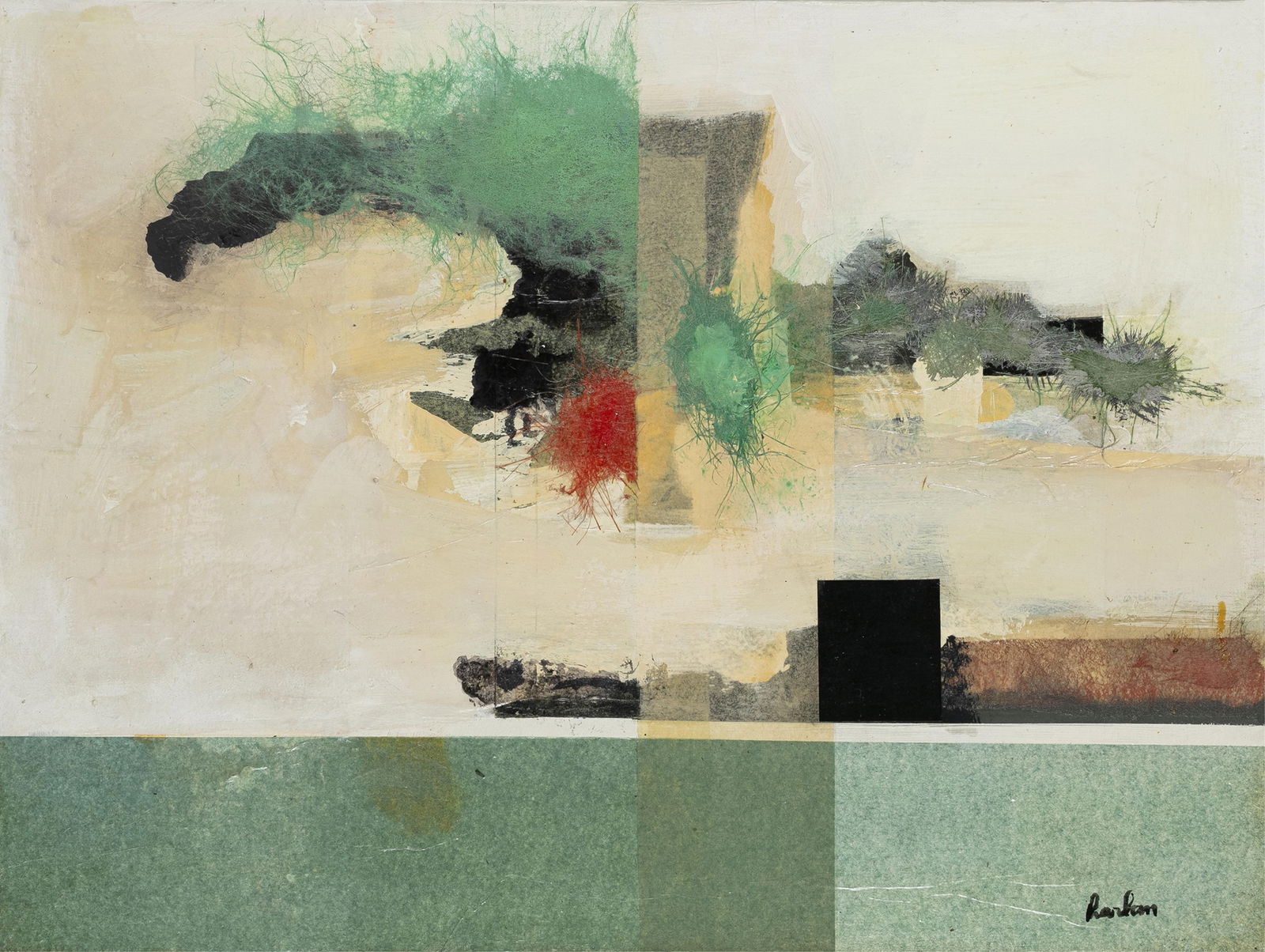 Harlan Jackson, 1918-1993, Improvisation #13: Harlan Jackson1918-1993Improvisation #131973oil and collage on canvas18 x 24 inchessigned; titled on stretcher versoartist label with date and title, catalog #66From the Delaware Art