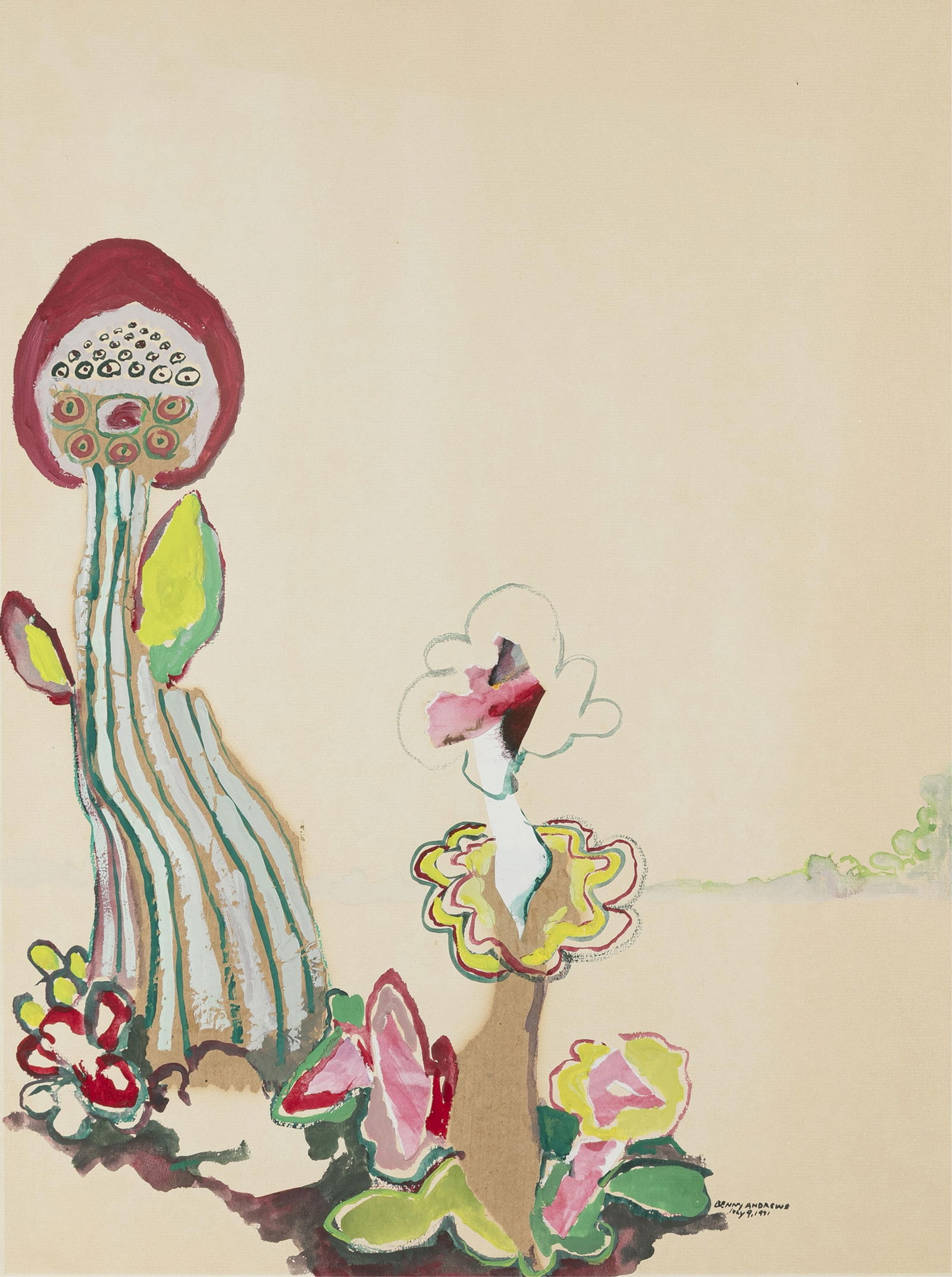 Benny Andrews, 1930-2006, Stalks: Benny Andrews1930-2006Stalks1971mixed media and collage (acrylic, watercolor, ink, paper) on paper24 x 18 inchessigned and dated, July 9, 1971; signed and titled again versoProvenance: the famil