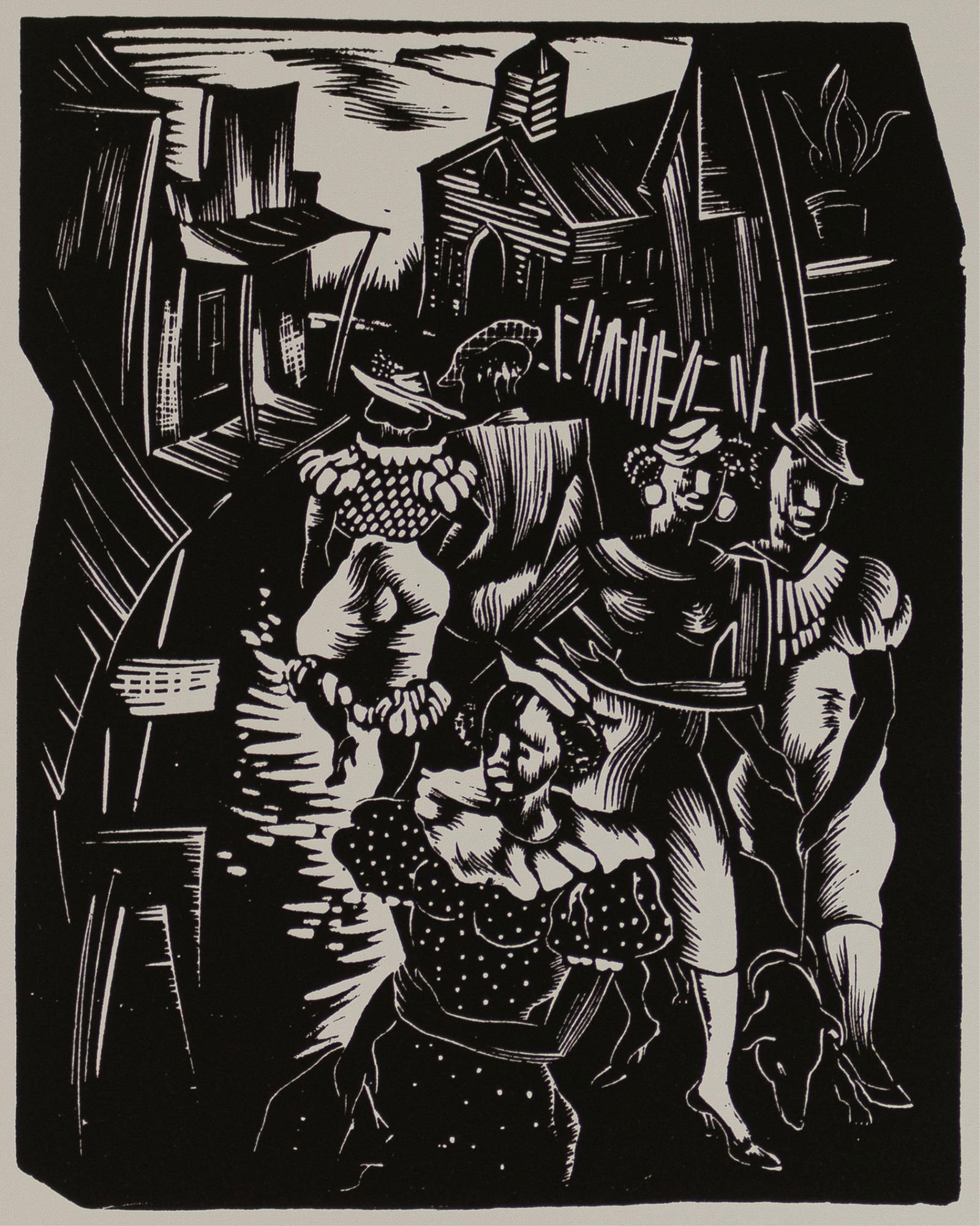 Hale Woodruff, 1900-1980, Sunday Promenade: Hale Woodruff1900-1980Sunday Promenade1931-1946/1996linoleum cut print on chine-collé19 x 15 inches (sheet)notation in pencil, "HC"Edition 222/300Originally executed by Woodruff as p