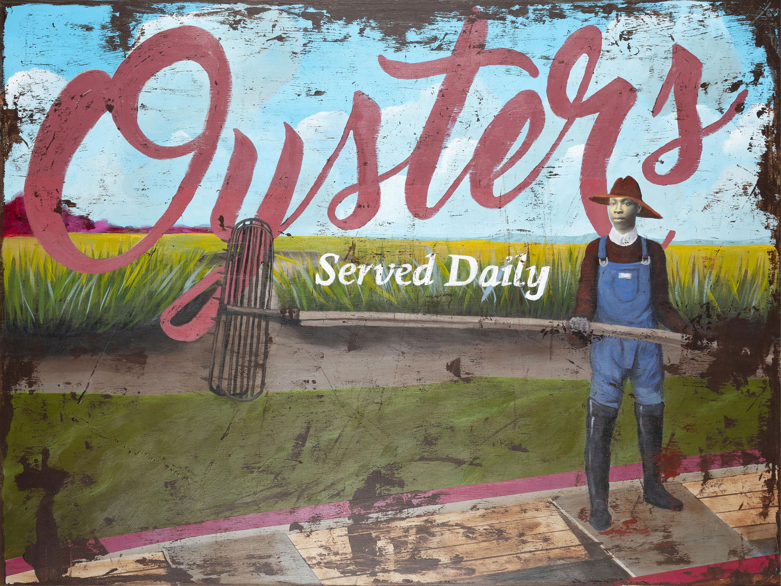 Cedric Smith, b. 1970, Oysters: Cedric Smithb. 1970Oysters2016mixed medium (acrylic and collage) on board36 x 48 inchessigned, dated, titled; small drawing of a church on verso