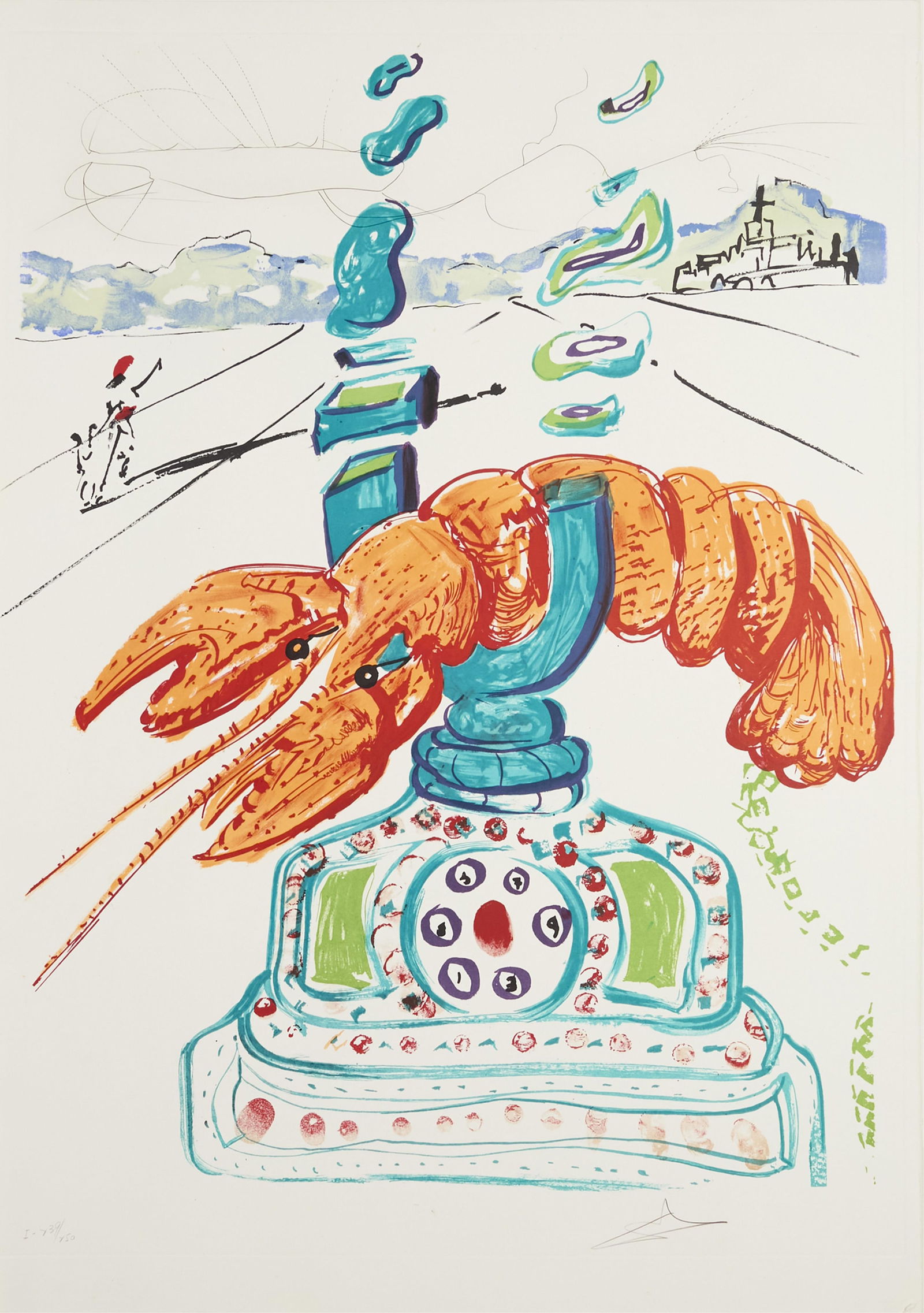 Salvador Dali, Spanish 1904-1989, Cybernetic Lobster Telephone: Salvador DaliSpanish, 1904-1989Cybernetic Lobster Telephone1975color lithograph and etching on wove paper30 x 22 inchessigned and numbered, I-239/250from Imaginations and Objects of the Future