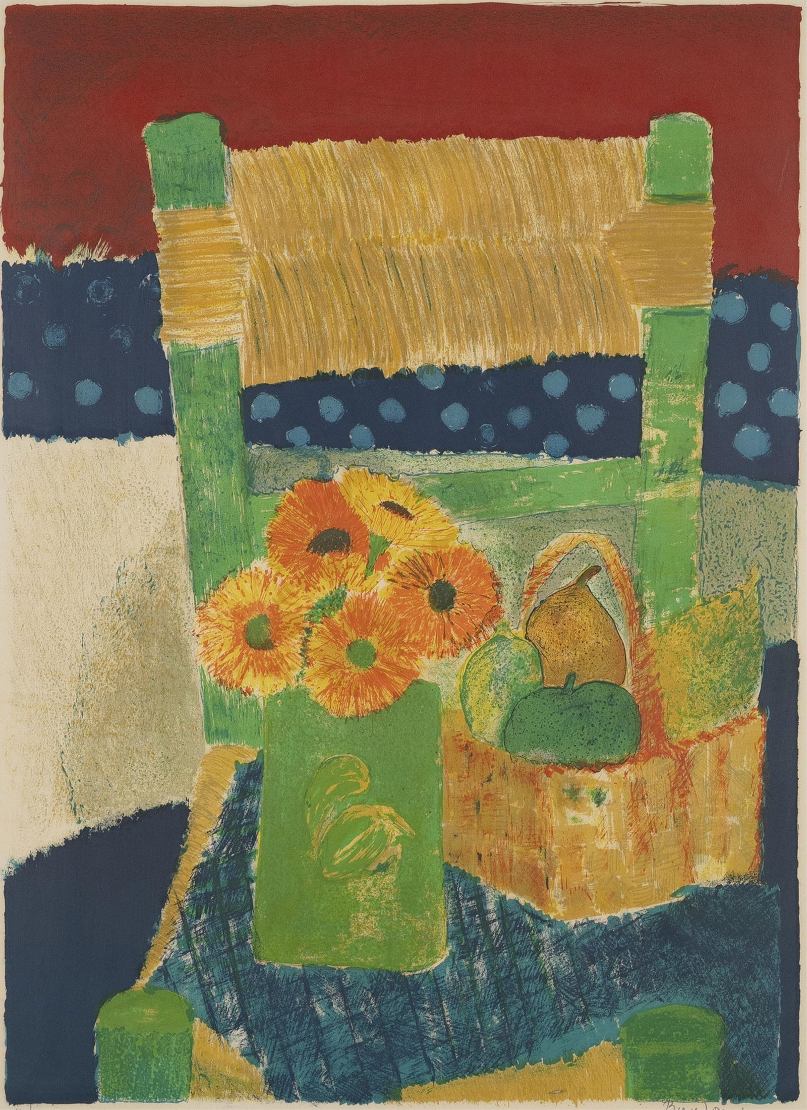 Guy Bardone, French 1927-2015, Still Life with Chair and Sunflowers: Guy BardoneFrench, 1927-2015Still Life with Chair and Sunflowers1971color lithograph27 x 19-1/2 inches (image)signed, dated, and numbered 160/200Provenance: James T. Parker Art Trust Colle