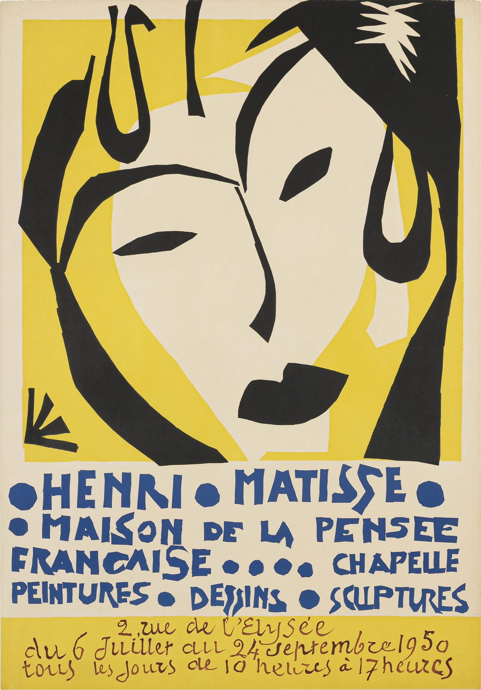 Henri Matisse, French 1869-1954, Maison de la Pensee Francaise: Henri MatisseFrench, 1869-1954Maison de la Pensee Francaise1950color lithograph29-1/2 x 21 inches (sheet)35-1/4 x 26 inches (as framed)Advertisement for an exhibition of work by Henri Mati