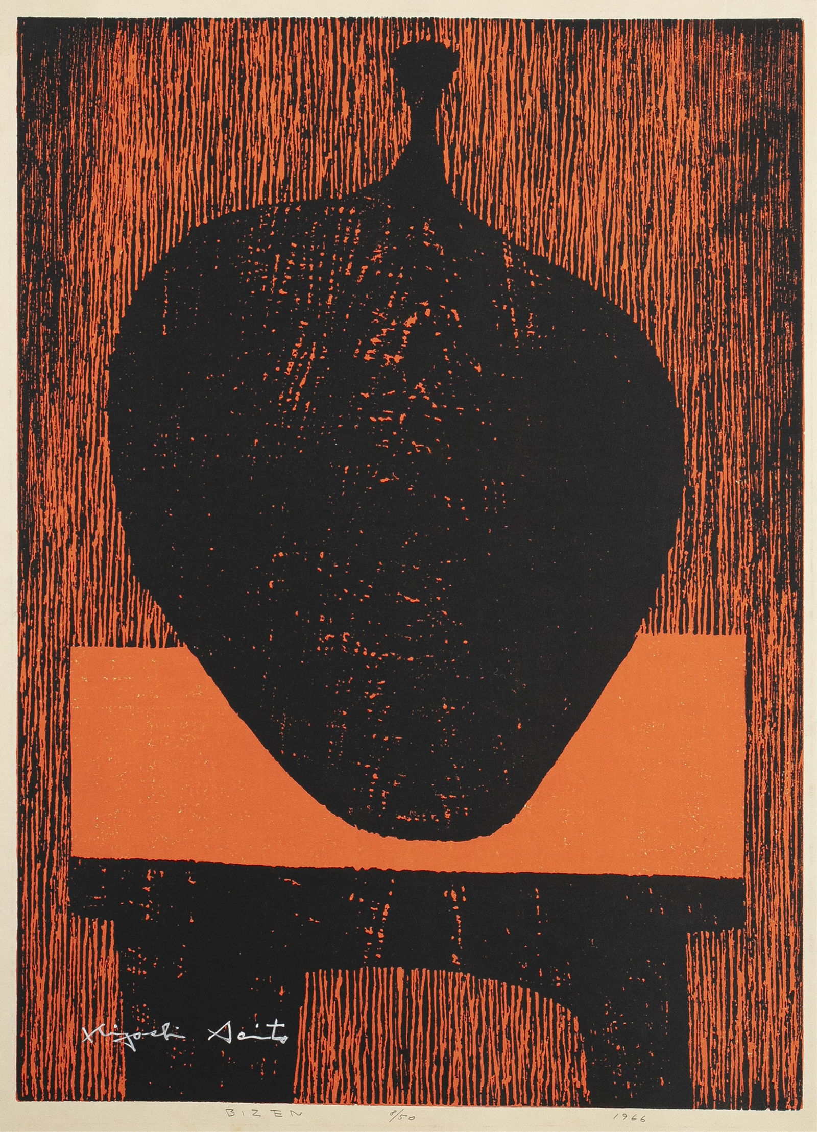 Kiyoshi Saito, Japanese 1907-1997, Bizen: Kiyoshi SaitoJapanese, 1907-1997Bizen1966color woodblock print27 x 21-1/2 inchessigned, titled, dated and numbered 8/50Provenance: James T. Parker Art Trust Collection, Chicago, IL
