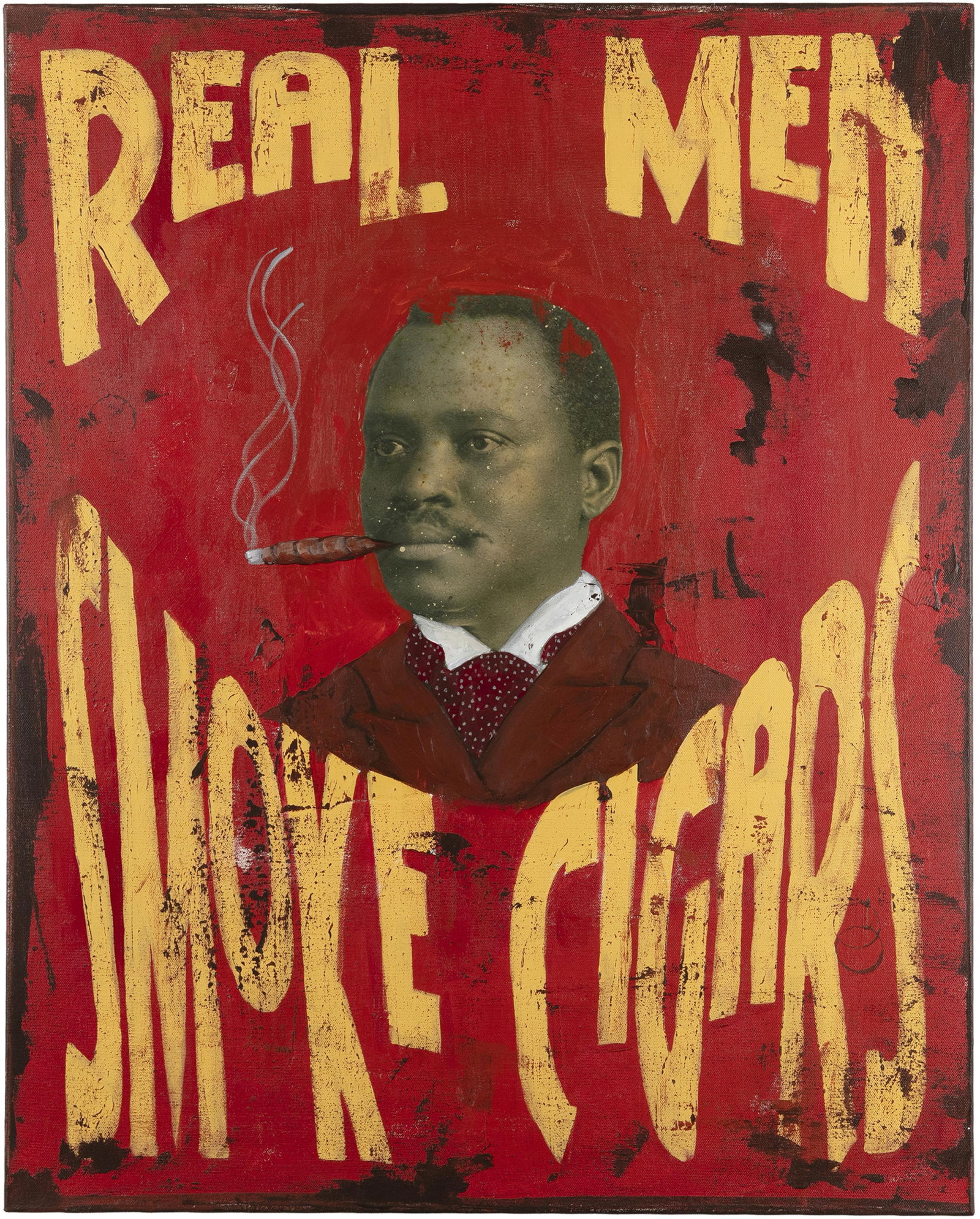 Cedric Smith, b. 1970, Real Men: Cedric Smith b. 1970 Real Men 2006 mixed medium (acrylic and collage) on board 36 x 24 inches signed on verso with a sketch of a church in marker 