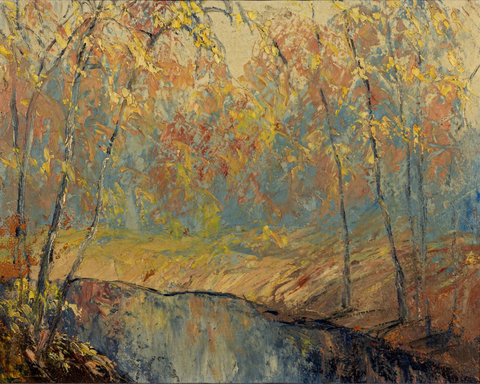 John Wesley Hardrick, 1891-1968, Autumn Stream: John Wesley Hardrick 1891-1968 Autumn Stream c. 1930 oil on board 7-1/2 x 9-1/2 inches unsigned, estate/collection stamp verso Provenance: The Collection of Rev. Joy L. Thornton, Indianapolis, IN 