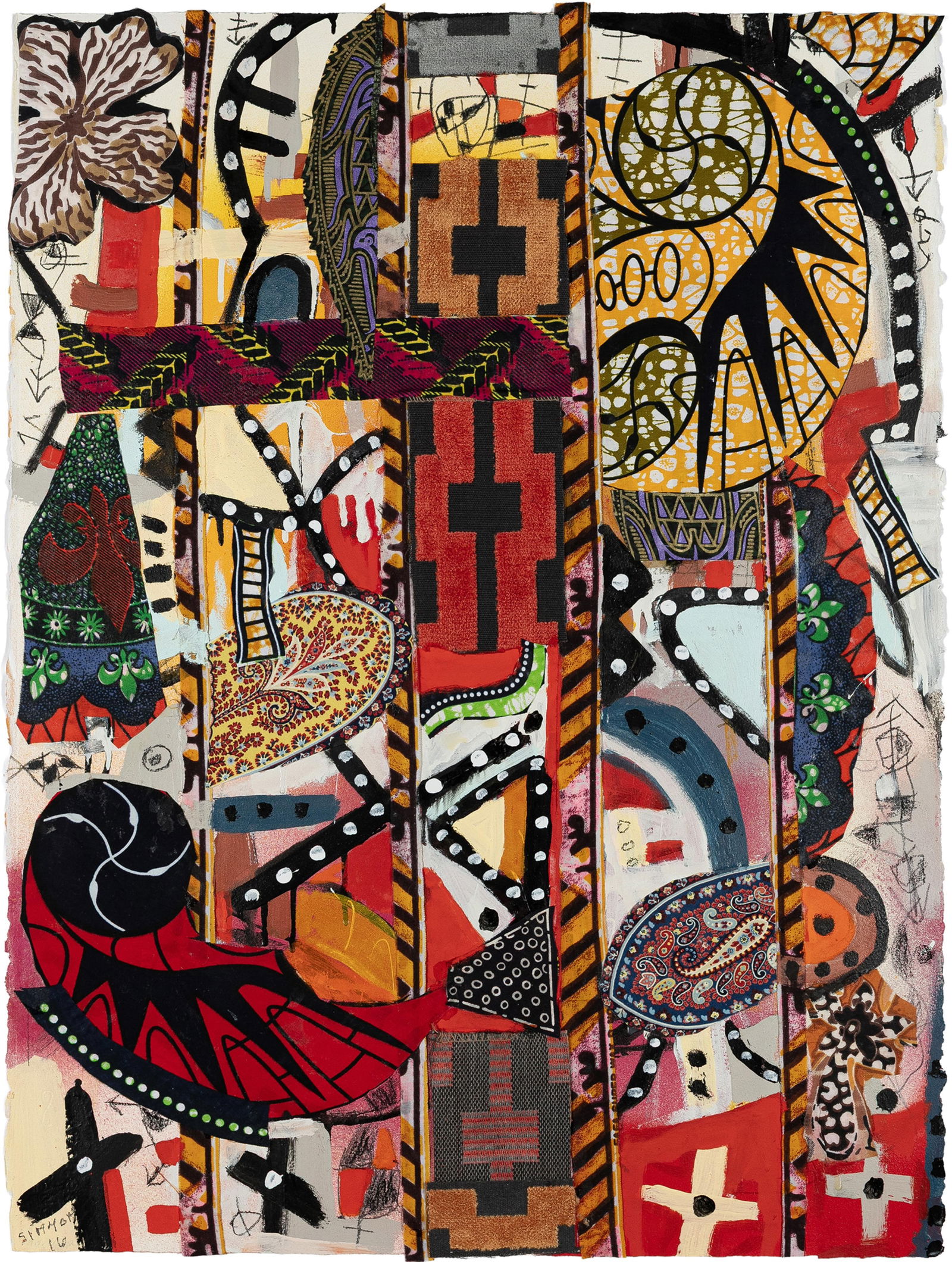 Danny Simmons, b. 1953, untitled: Danny Simmons b. 1953 untitled 2016 acrylic, graphite, and fabric collage on paper 30-1/2 x 22-1/2 inches signed and dated 