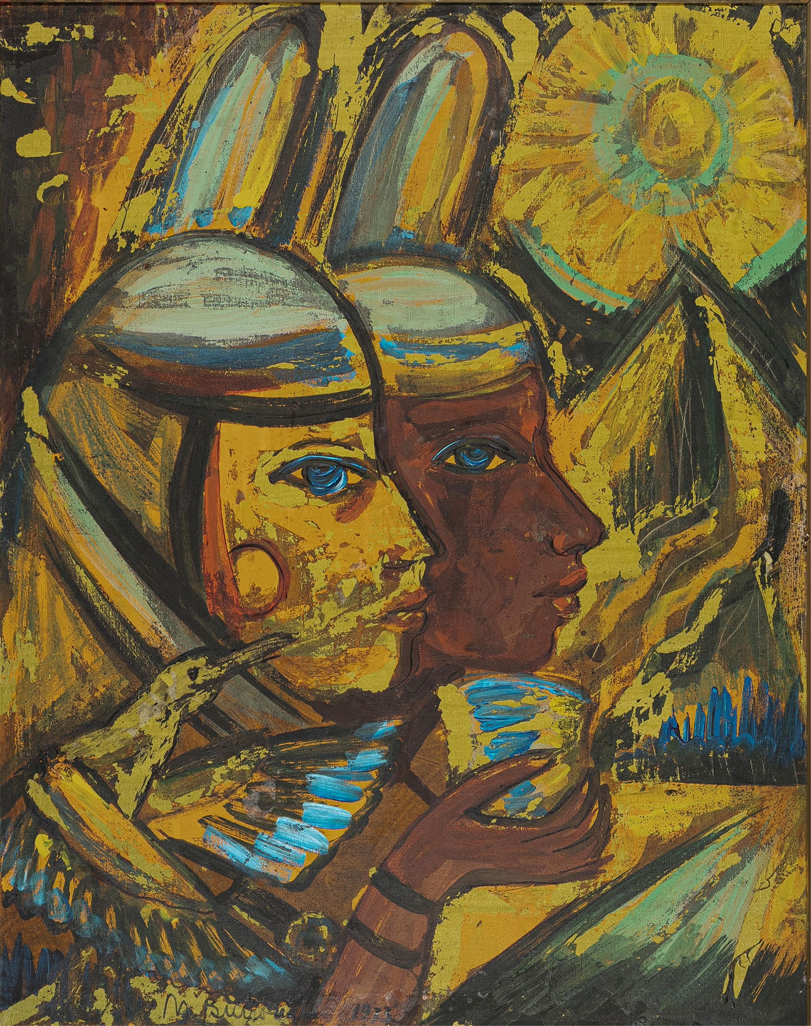 Margaret Taylor Goss Burroughs, 1917-2010, Listening to the Koran: Margaret Taylor Goss Burroughs 1917-2010 Listening to the Koran 1973 acrylic and marker on canvas 35 x 27-1/2 inches signed and dated 