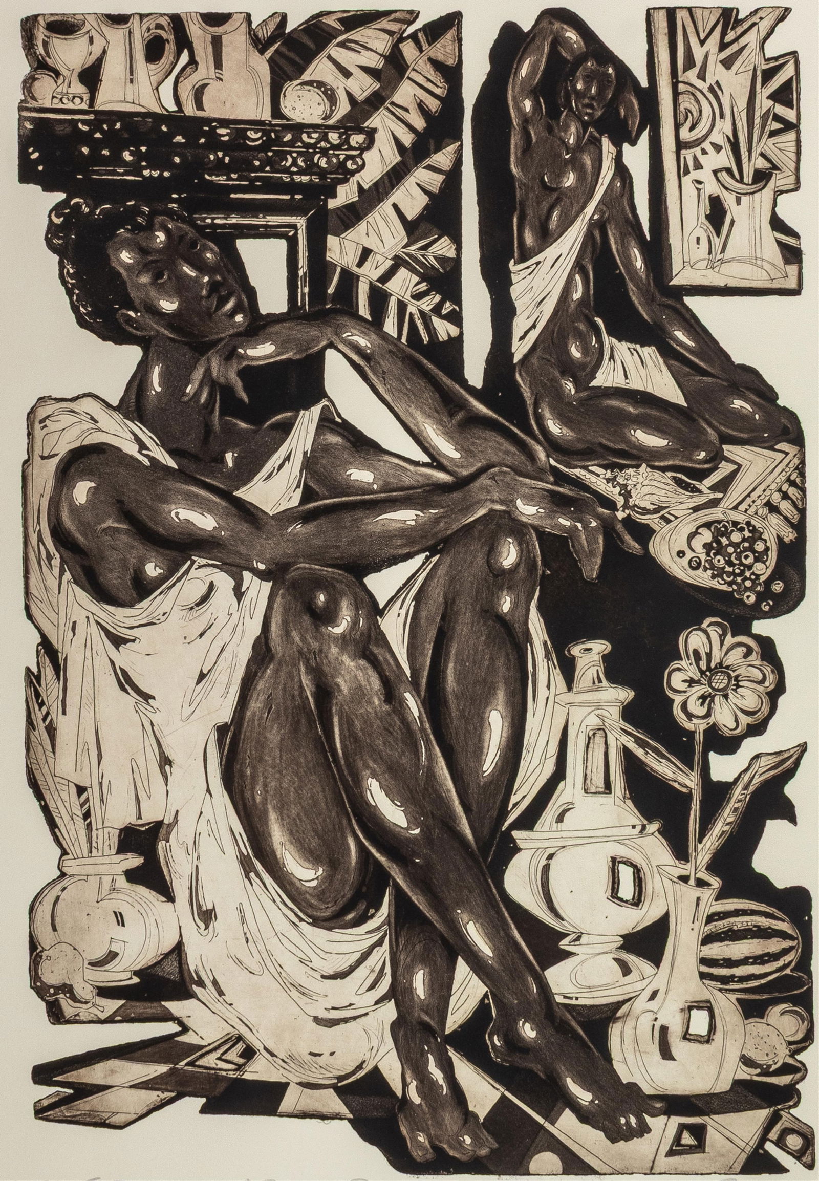 Eldzier Cortor, 1916-2015, Sepia Odalisque II: Eldzier Cortor1916-2015Sepia Odalisque II1970-1990etching and aquatint on cream wove paper20-3/4 x 14 inches (image)30 x 21-3/4 inches (sheet)signed, titled, numbered 3/35Provenan