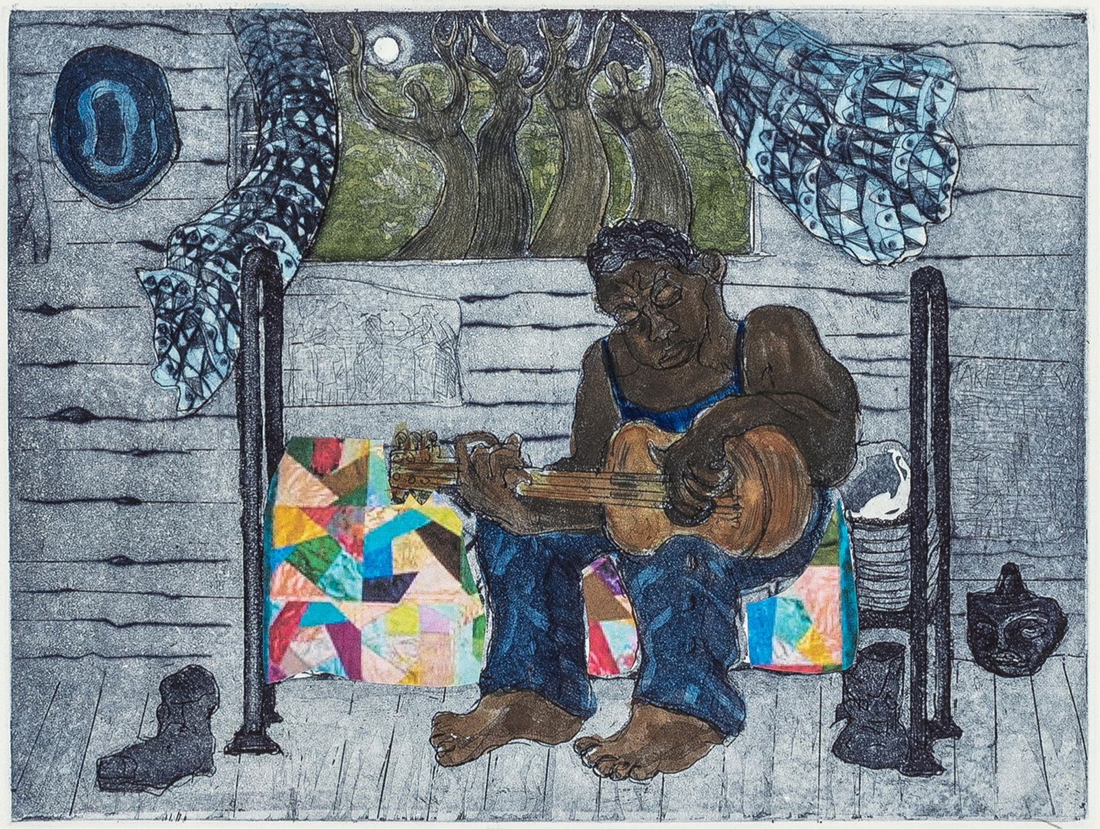 Curlee Raven Holton, b. 1951, Quilt: Curlee Raven Holton b. 1951 Quilt 1997 hand-colored etching with collage 9 x 11-3/4 inches (image) 13-1/2 x 16-1/2 inches (sheet) signed, dated, titled, with A/P 