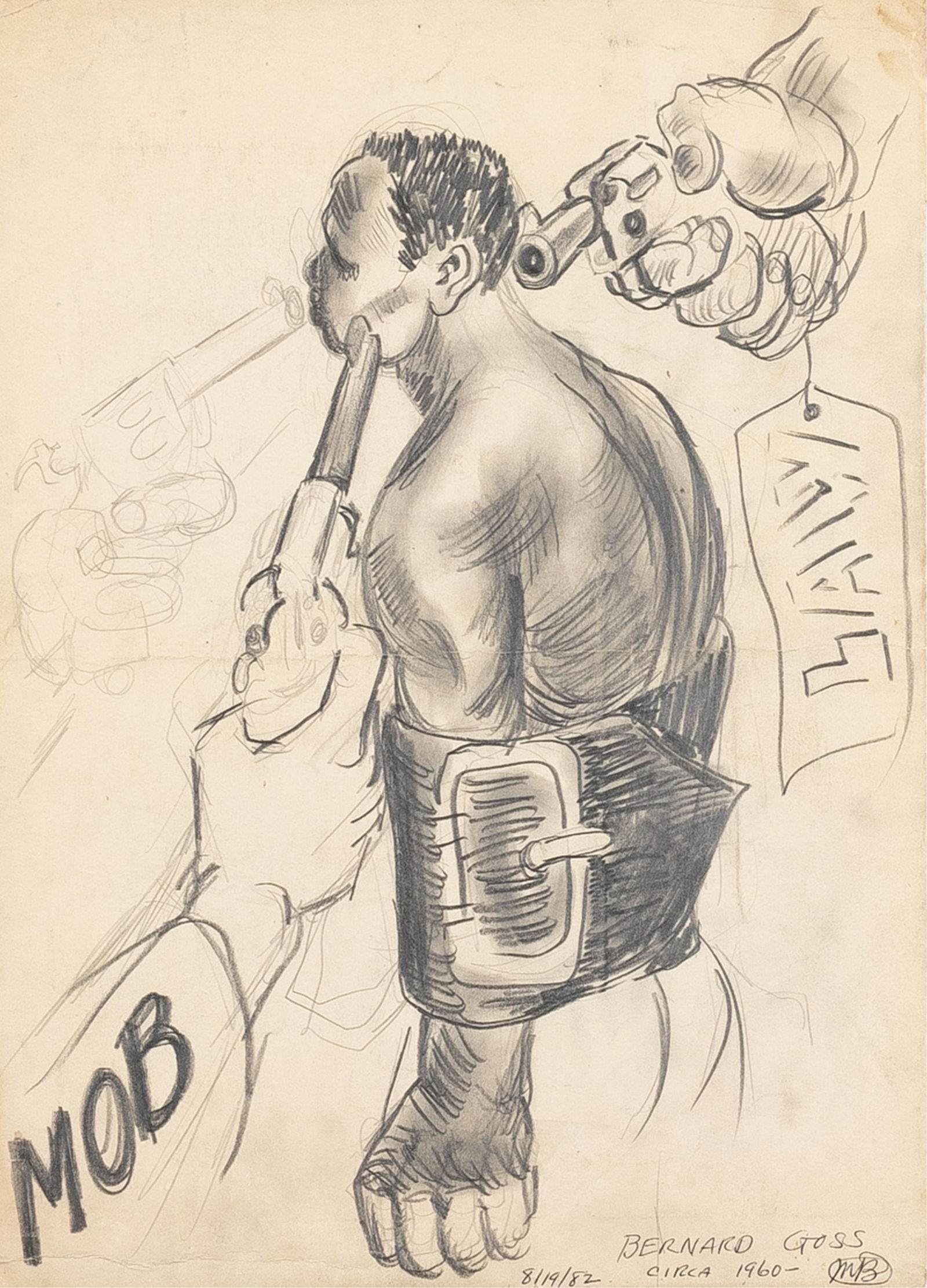 Bernard Goss, 1913-1966, untitled, Mob/Law: Bernard Goss1913-1966untitled, Mob/Lawc. 1960pencil drawing on paper15 x 10-3/4 inchessignedinscription by Margaret Burroughs under signature: 8/19/82, circa 1960, and initials, MBBurro