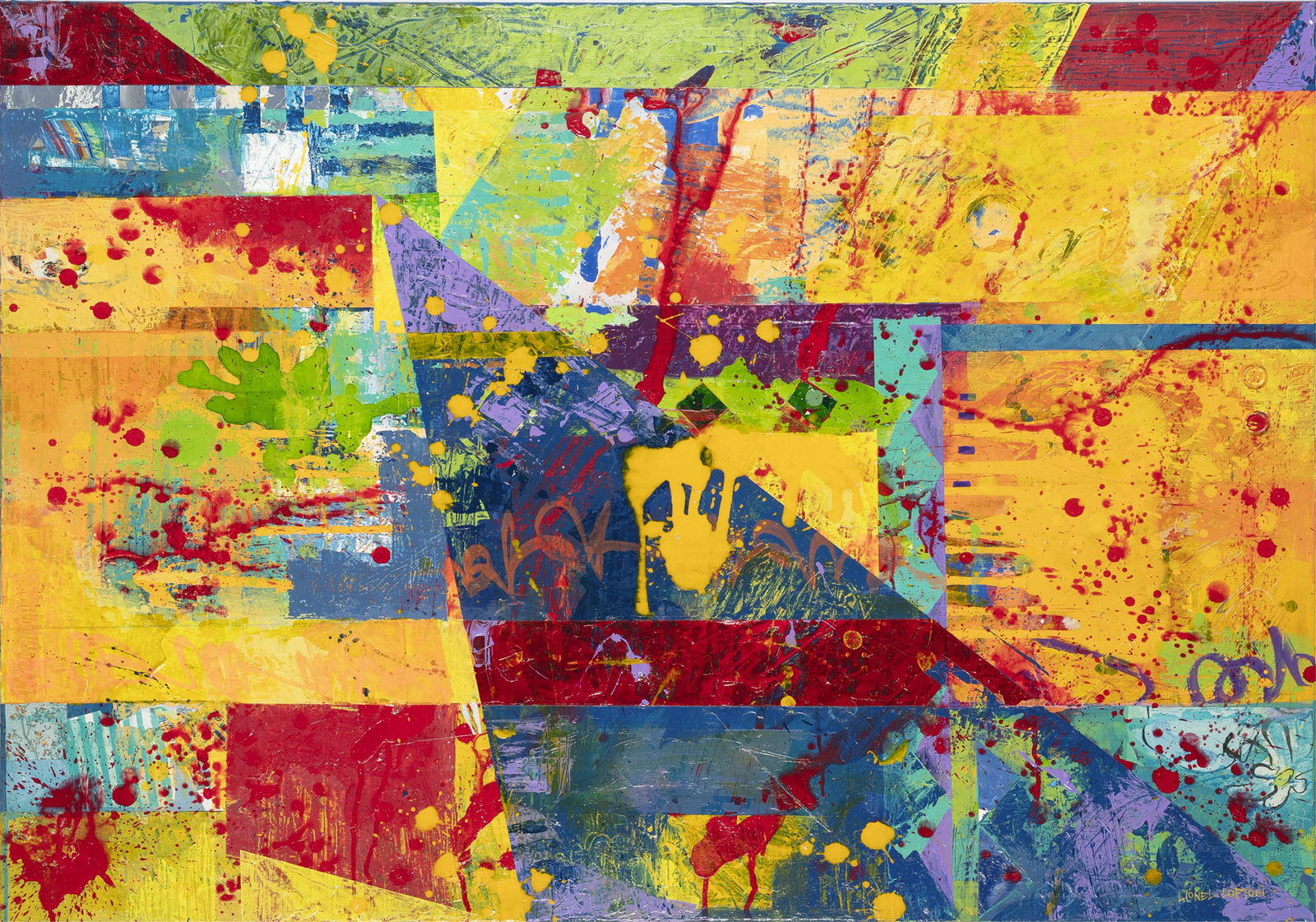 Lionel Lofton, b. 1954, The Blue Slide: Lionel Lofton b. 1954 The Blue Slide 2022 acrylic and collage on canvas 36 x 48 inches signed, dated and titled 