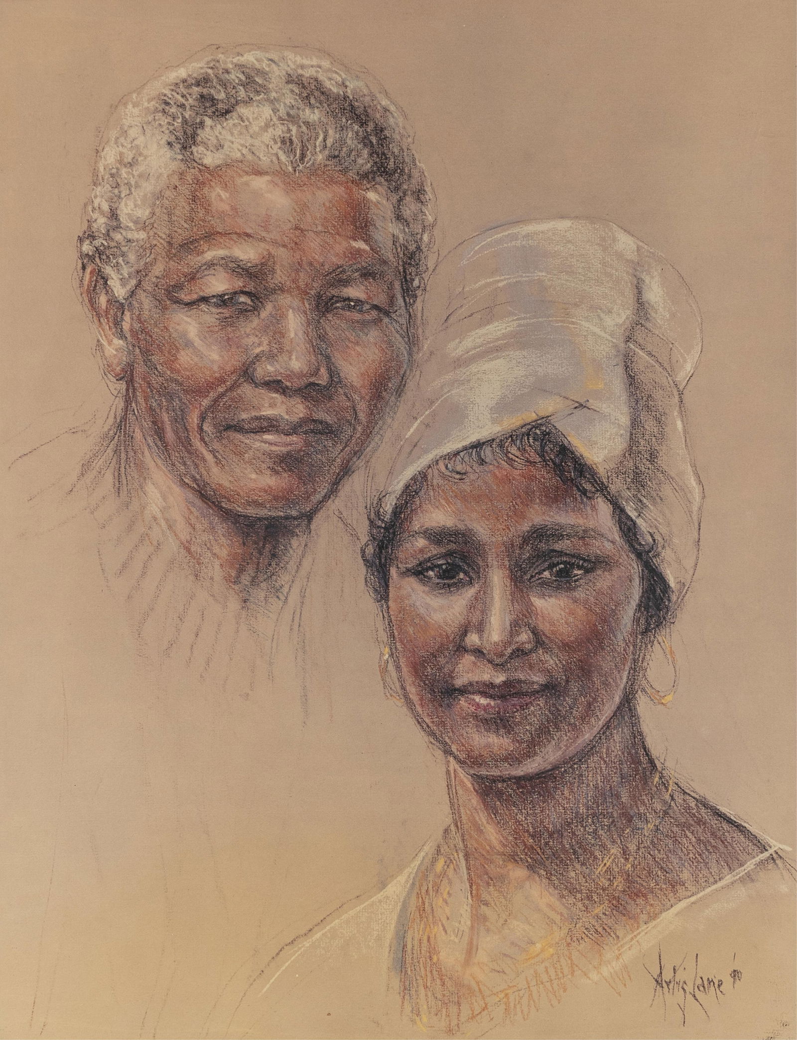 Artis Lane, b. 1927, Portrait of Nelson and Winnie Mandela: Artis Lane b. 1927 Portrait of Nelson and Winnie Mandela 1990 pastel on tan paper 23 x 17-3/4 inches signed and dated 
