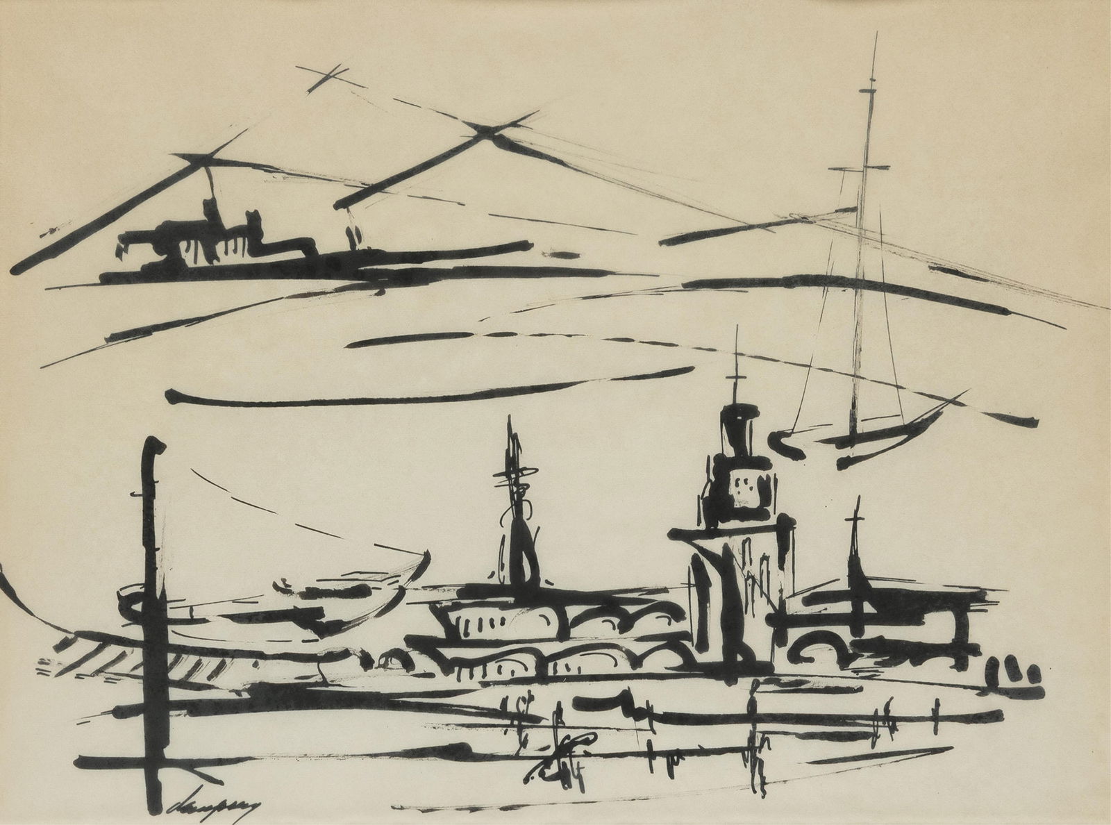Richard Dempsey, 1909-1987, untitled, Harbor Scene: Richard Dempsey 1909-1987 untitled, Harbor Scene n.d. ink brush drawing on paper 8 x 10-1/2 inches signed 