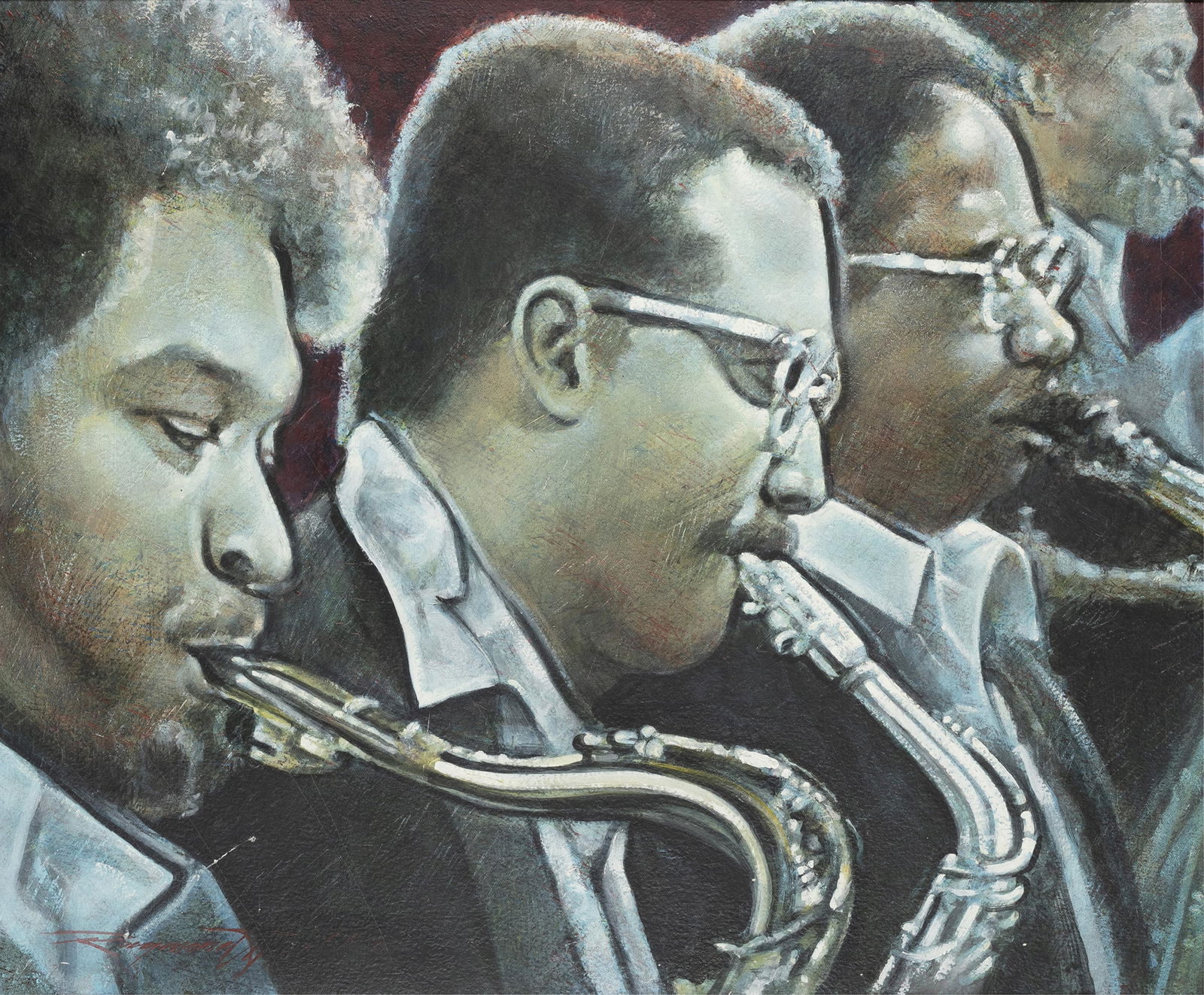 Raymond Howell, 1927-2002, Front Line, Count Bassie and Horn Section: Raymond Howell1927-2002Front Line, Count Bassie and Horn Section1991oil wash and mixed media on canvas24 x 29 inchessigned and datedProvenance: the estate of the artist