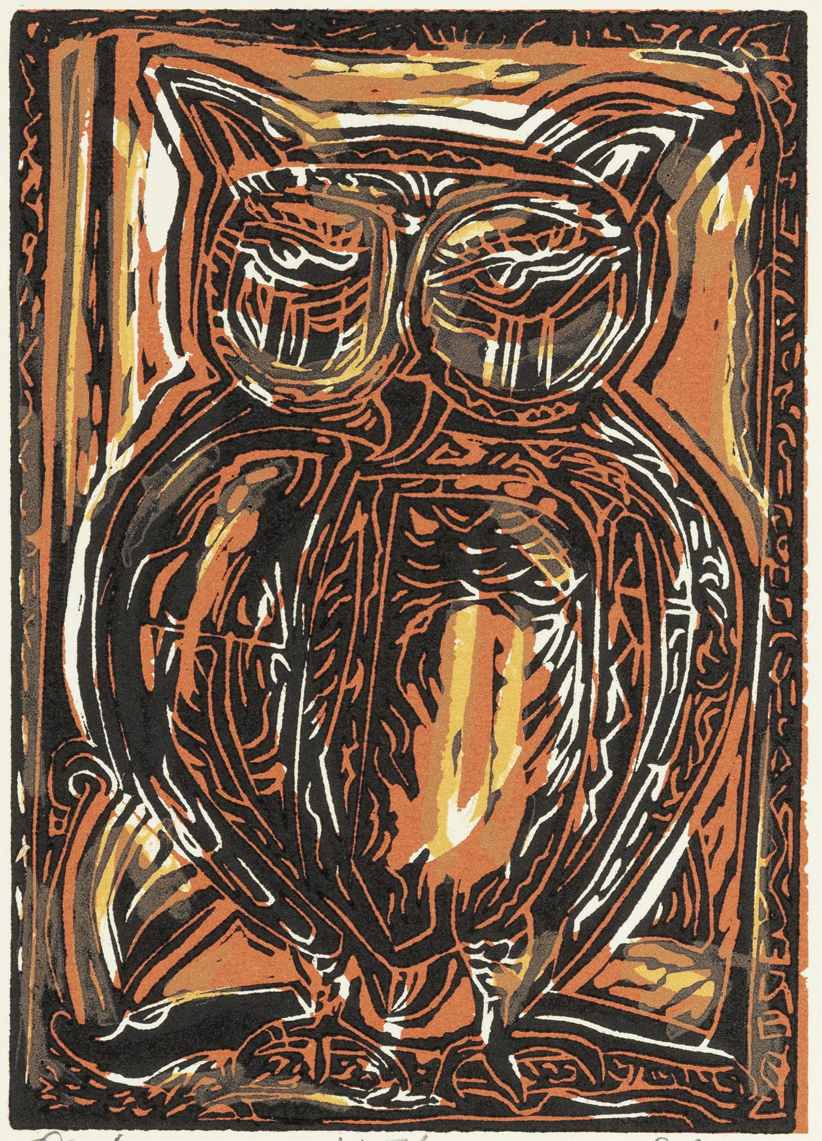 David Driskell, 1931-2020, Owl: David Driskell 1931-2020 Owl 2015 linoleum print 7 x 5 inches (image) 13-1/4 x 9-1/2 inches (sheet) signed, dated, titled, and numbered, AP 5/9 