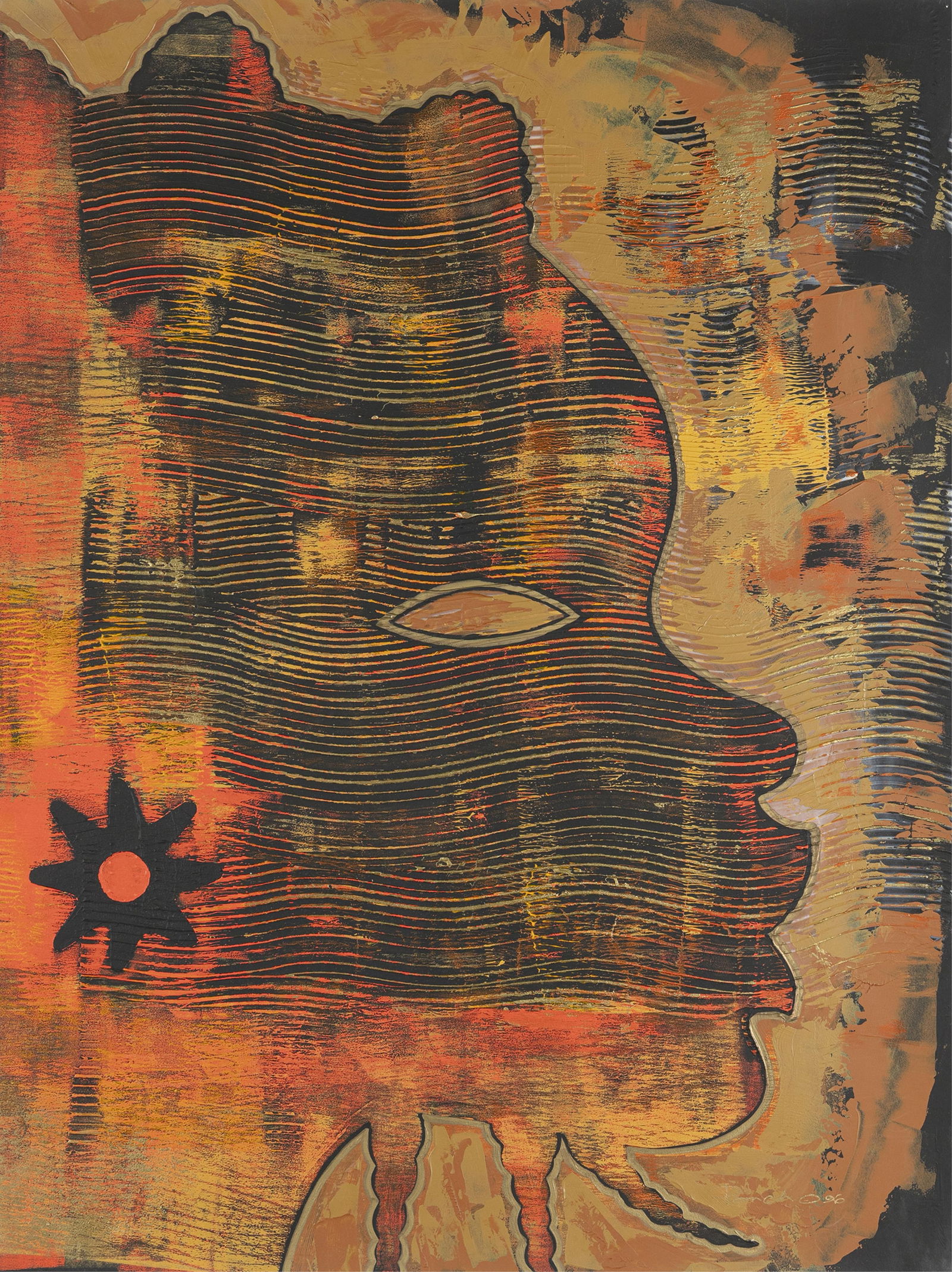 Larry Poncho Brown, b. 1962, Tribal Markings #11: Larry Poncho Brown b. 1962 Tribal Markings #11 1996 acrylic and metallic paint on paper 30 x 22-1/2 inches signed, dated, artist label on verso 