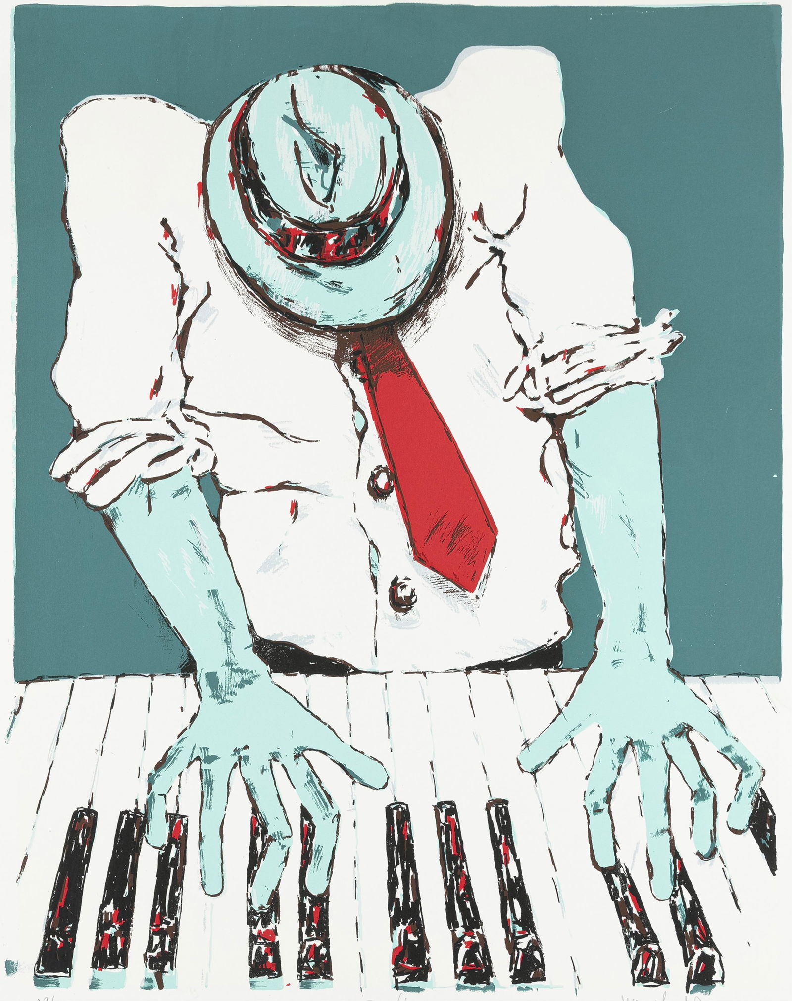 Verna Hart, 1961-2019, Piano Man: Verna Hart1961-2019Piano Man1987serigraph28-1/2 x 22 inches (image)40 x 26-1/4 inches (sheet)signed, titled, dated, numbered 19/100