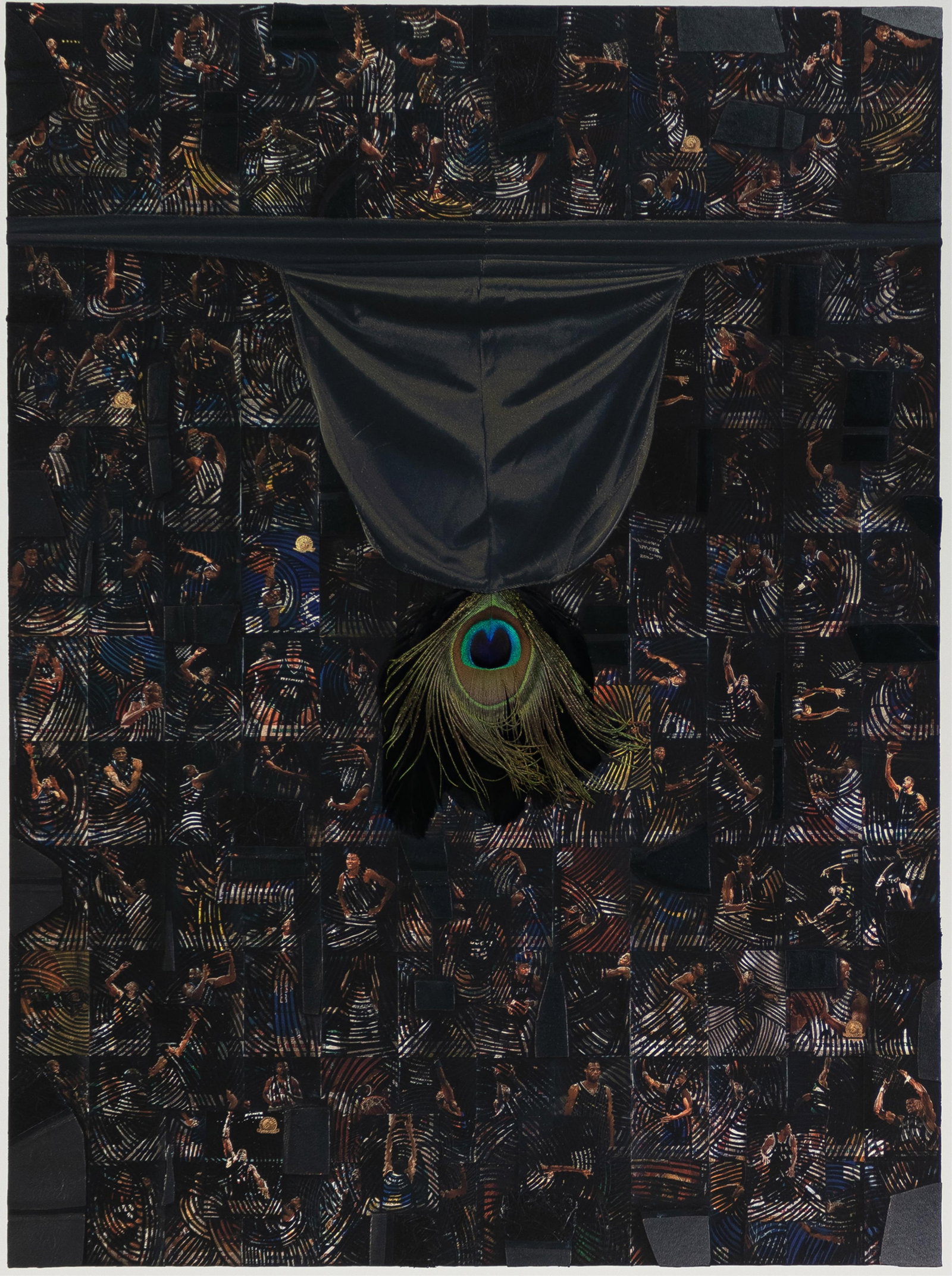 Nari Ward, b. 1963, Courtship Replay: Nari Wardb. 1963Courtship Replay2017offset lithograph and screen print in colors, with peacock feather collage on wove paper32 x 24 inchessigned, dated and numbered, 18/25Provenance: pr