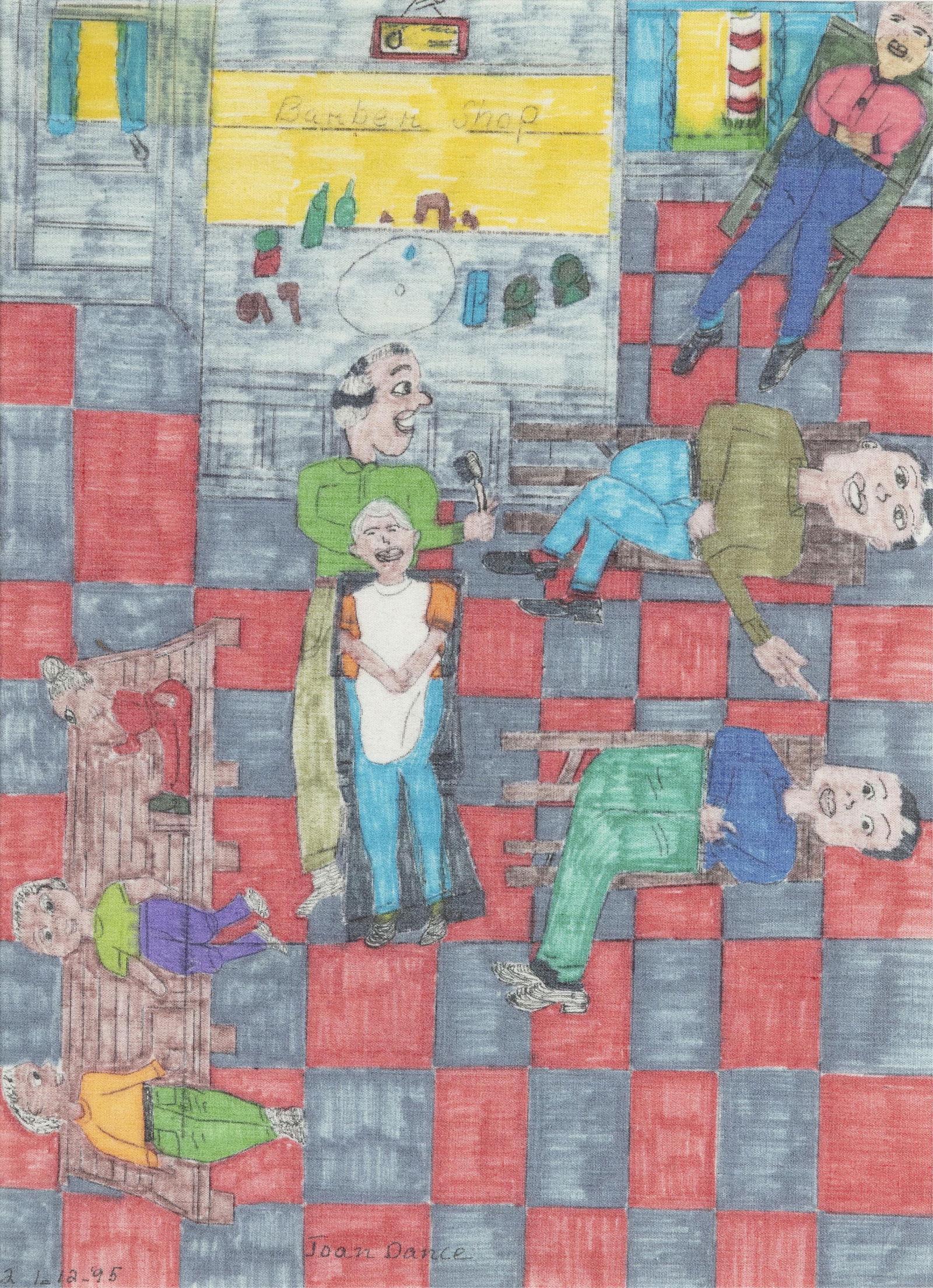 Joan Dance, 1940-2023, Barber Shop: Joan Dance 1940-2023 Barber Shop 1995 mixed media and watercolor 10-3/4 x 8 inches signed and dated 