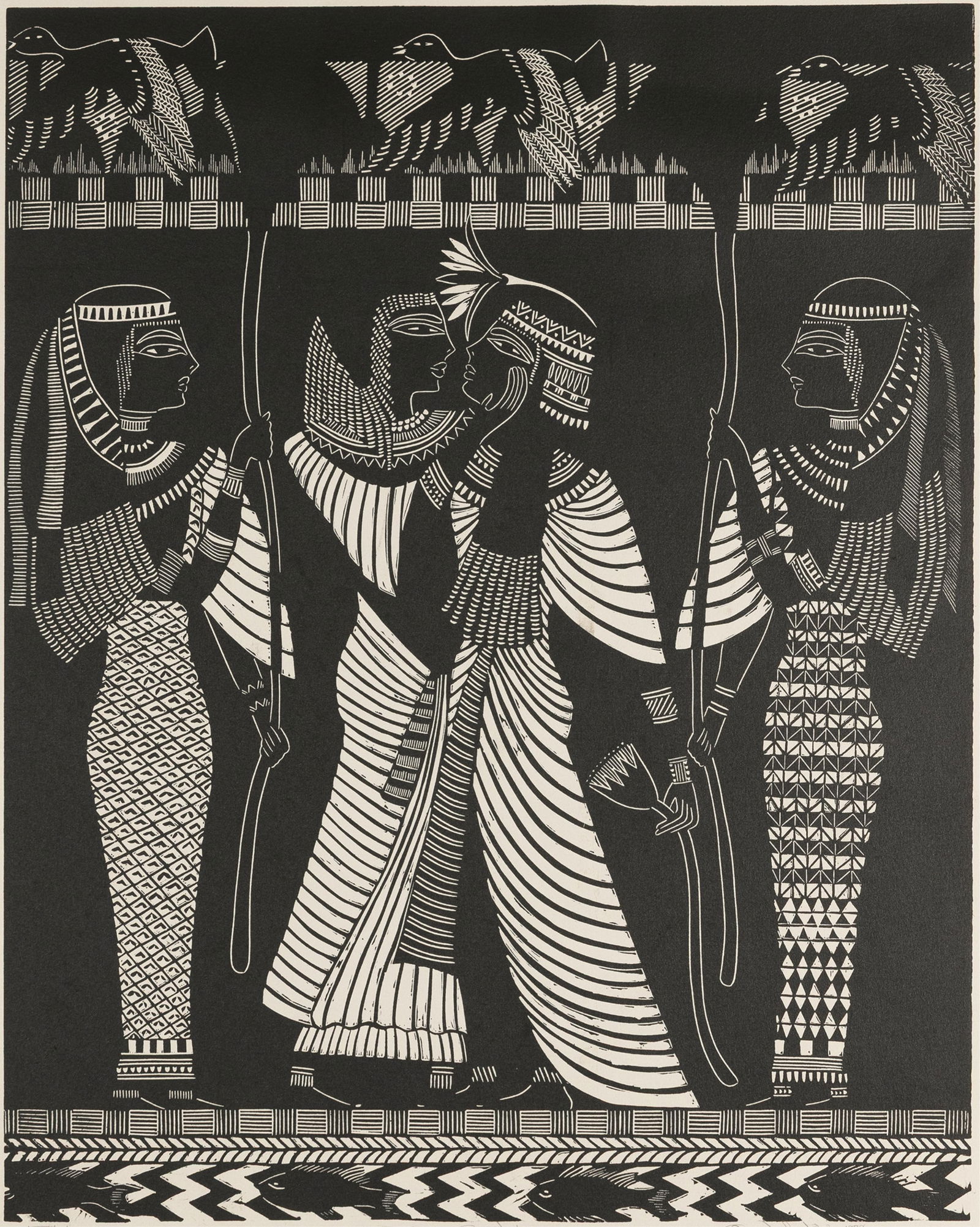 Nefertiti Goodman, b. 1950, Theban Courtship: Nefertiti Goodman b. 1950 Theban Courtship 1978 woodcut print 29-1/2 x 20 inches signed, dated, titled, numbered XVIII/L 