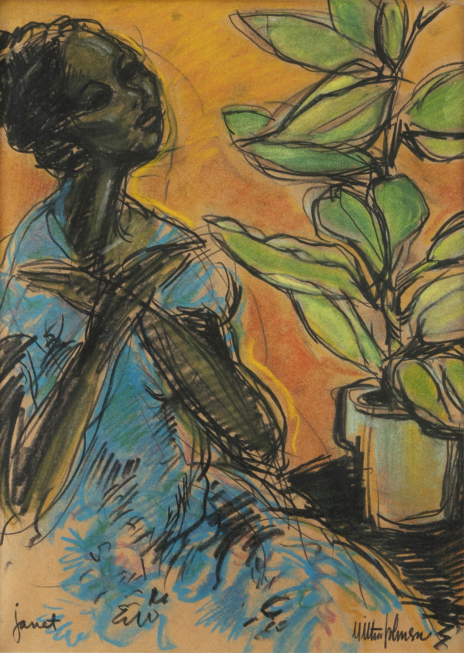 Milton Johnson a.k.a. Derr, b. 1932, Janet: Milton Johnson a.k.a. Derr b. 1932 Janet c. 1960 pastel and colored pencil on tan paper 11-1/2 x 9 inches signed and titled 