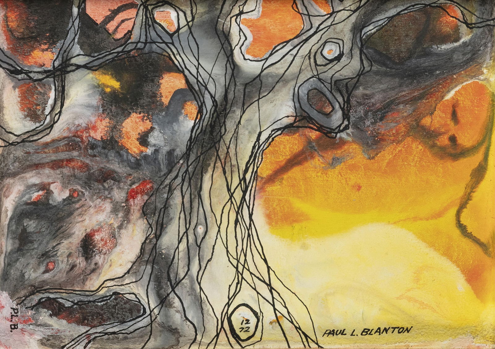 Paul Blanton, b. 1936, Scene From the Hollow: Paul Blanton b. 1936 Scene From the Hollow c. 1970 acrylic and ink 6 x 8 inches signed 