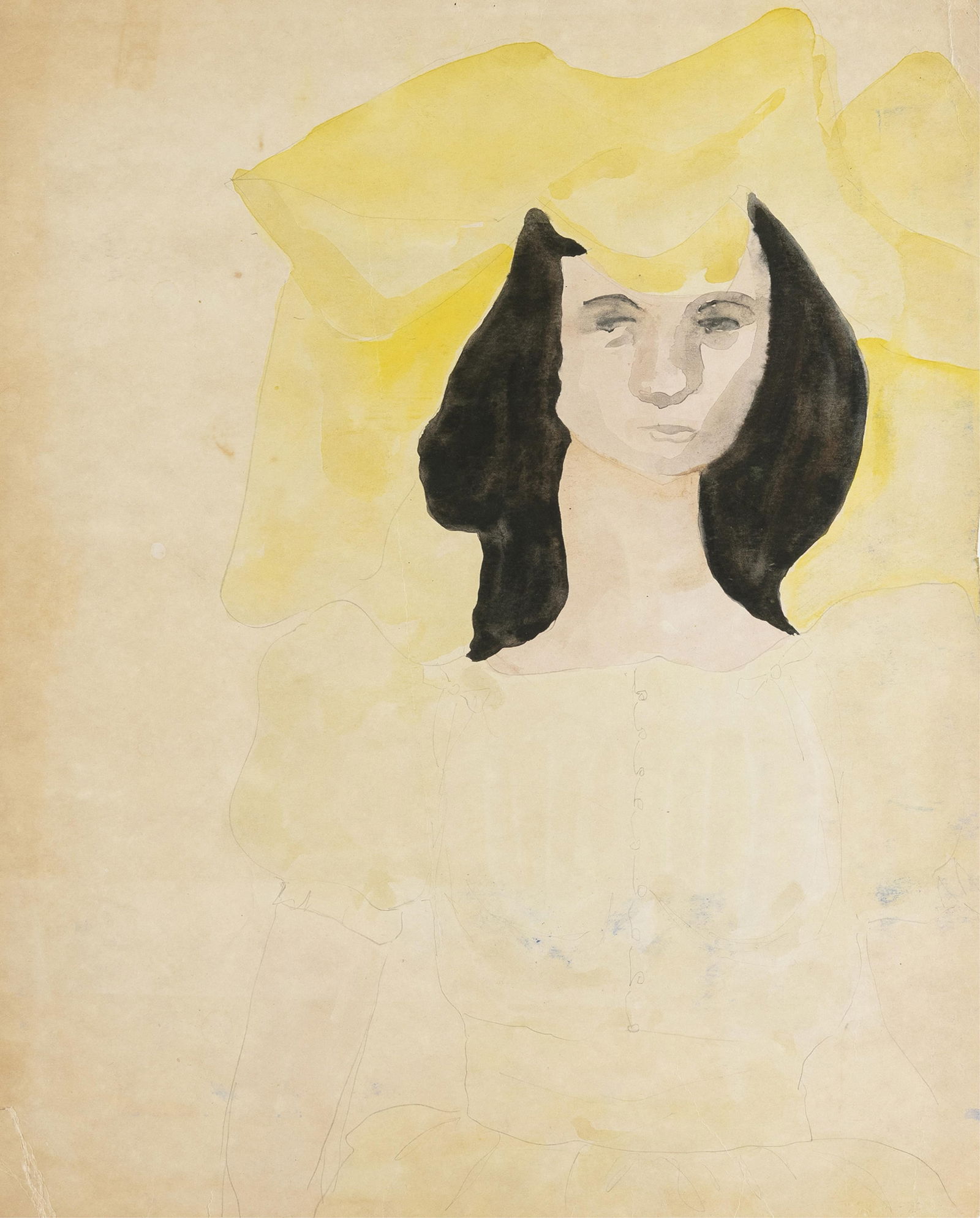 Suzanne F Jackson, b. 1944, lot of two works , Portrait of a Woman: Suzanne F Jackson b. 1944 lot of two works , Portrait of a Woman 1963 watercolor on paper 15 3/4 x 13 inches unsigned with a sketch of plants pencil on cream paper 15 1/4 x 17 3/4 inches signed 