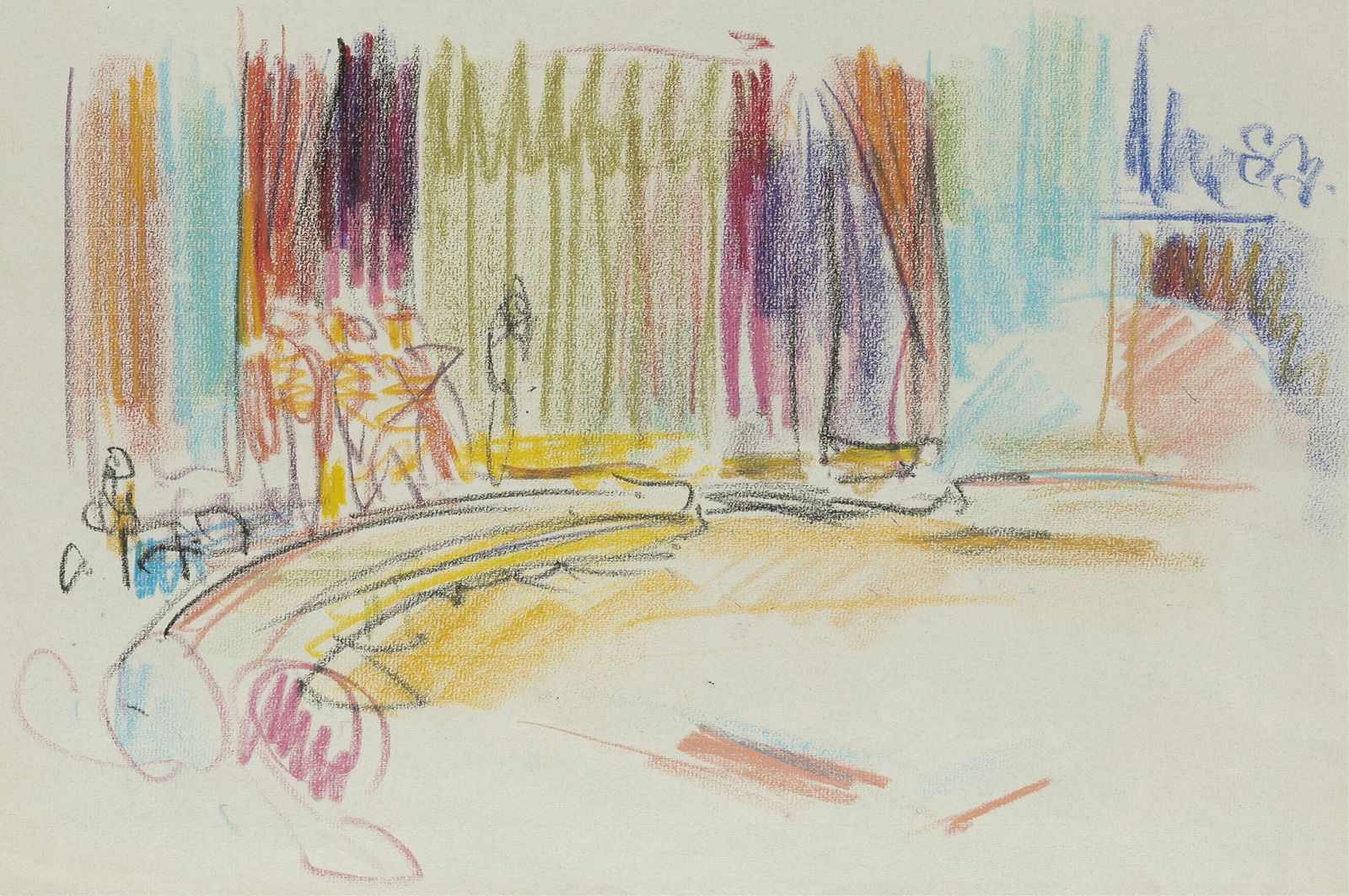 William Henry Johnson, 1901-1970, Interior of a Ballroom: William Henry Johnson1901-1970Interior of a Ballroom1939-1942wax pastel on Hahnemuhle paper12 x 19 inchessigned versomarked with estate stamp: Tilhorer Niels Lindberg. Nr.Broby. Fyn. (From th