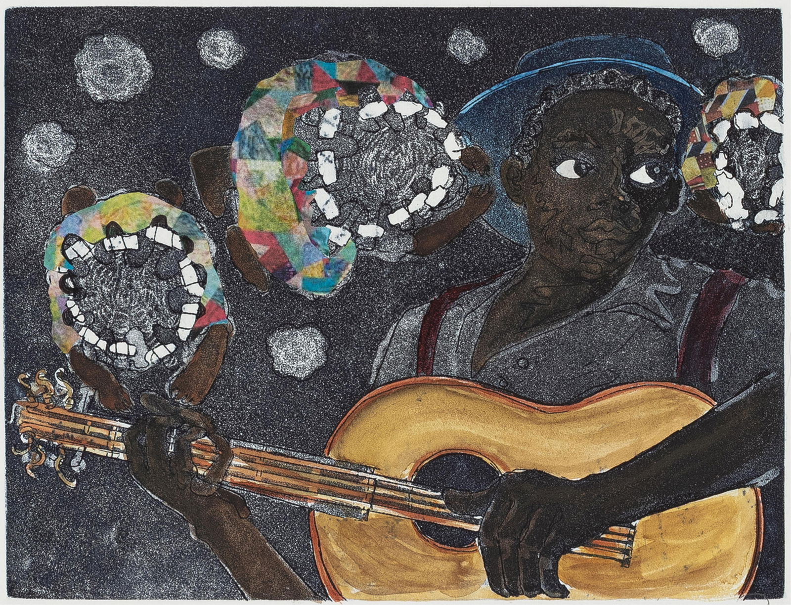 Curlee Raven Holton, b. 1951, Midnight Angels: Curlee Raven Holton b. 1951 Midnight Angels 1997 hand-colored etching with collage 9 x 11 inches (image) 13-1/2 x 16-1/2 inches (sheet) signed, dated, titled with A/P 