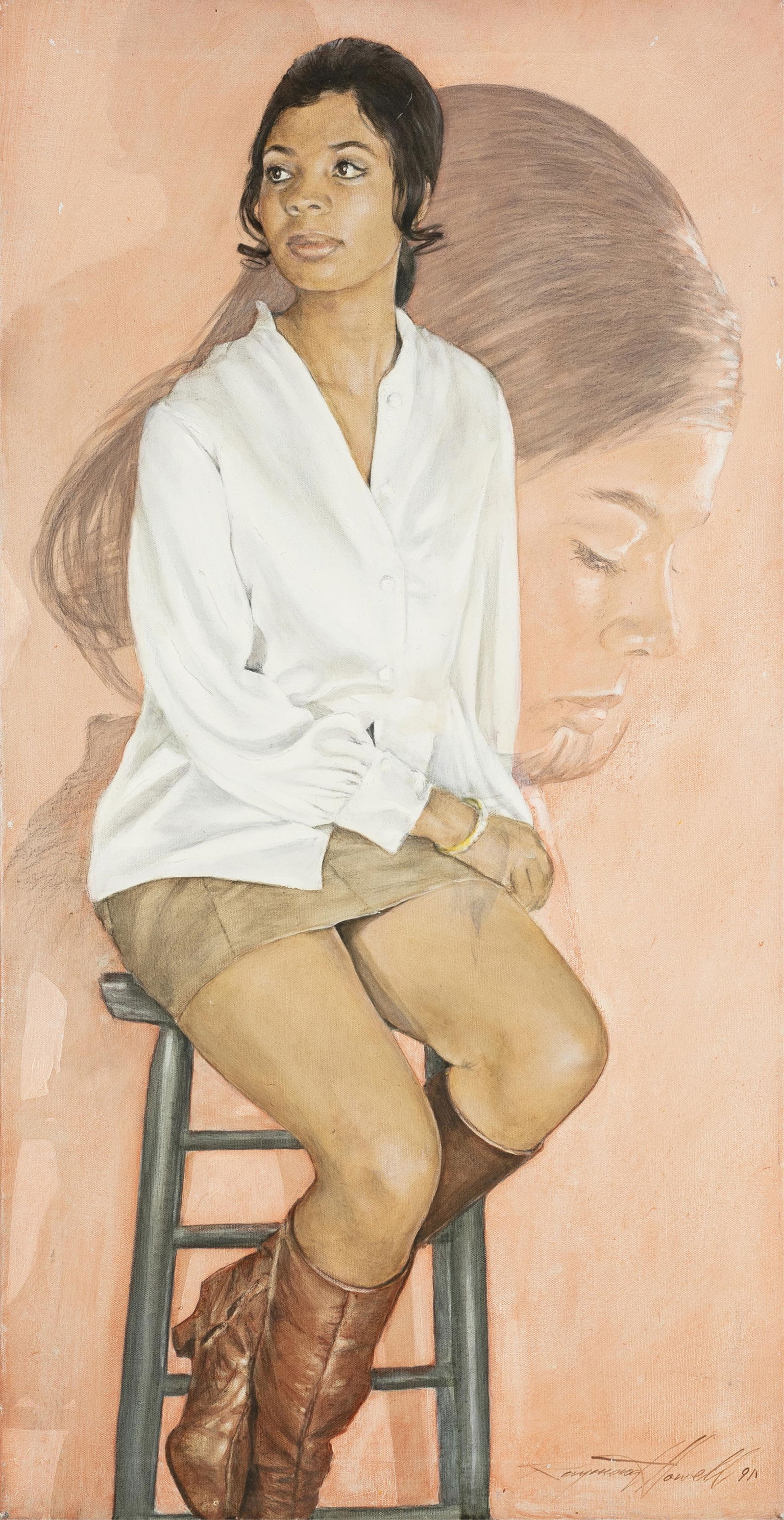 Raymond Howell, 1927-2002, Seated Young Woman: Raymond Howell 1927-2002 Seated Young Woman 1991 oil wash and graphite on canvas 35 x 18 inches signed and dated Provenance: the estate of the artist 