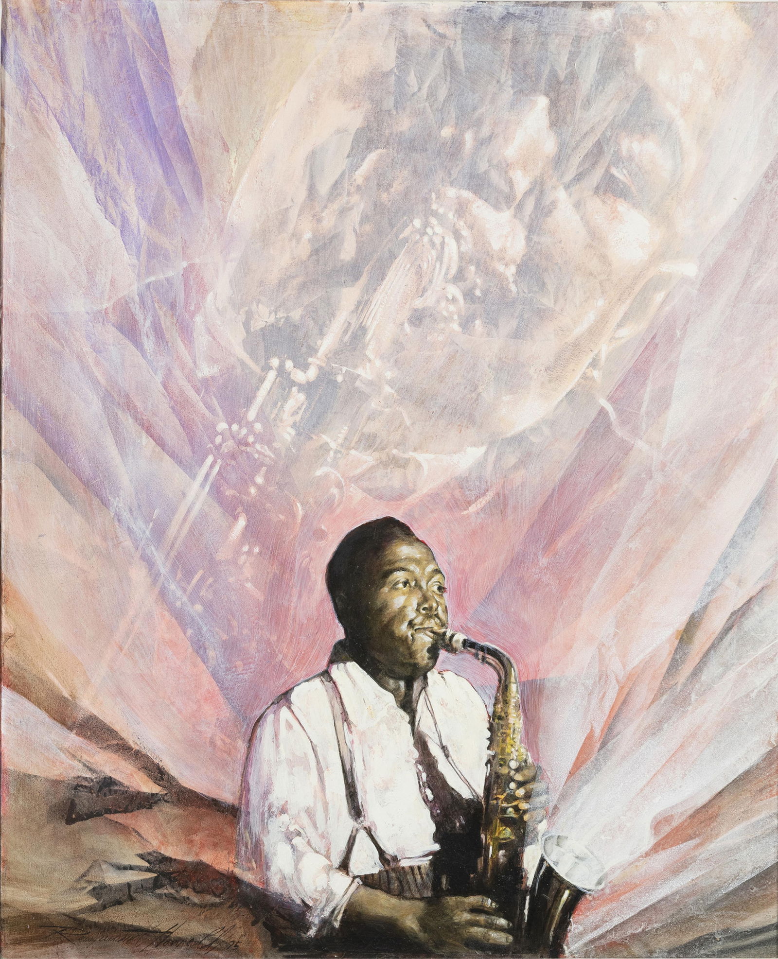 Raymond Howell, 1927-2002, Charlie Parker: Raymond Howell 1927-2002 Charlie Parker 1995 oil and oil wash on canvas 35 x 28-1/2 inches signed and dated, titled Provenance: the estate of the artist 