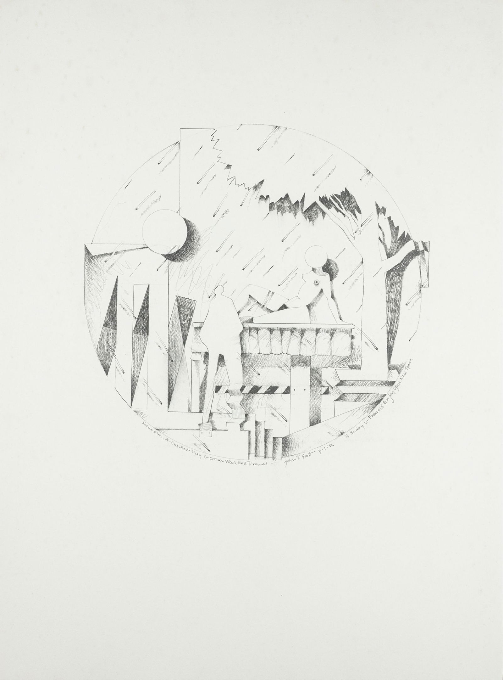 John T. Scott, 1940-2007, Scene from a One Act Play & Other Weekend Dramas: John T. Scott1940-2007Scene from a One Act Play & Other Weekend Dramas1986graphite on paper15 inches (image)29-7/8 x 22 inches (sheet)signed, dated (3-1-86), titled and dedicated: To Buddy an