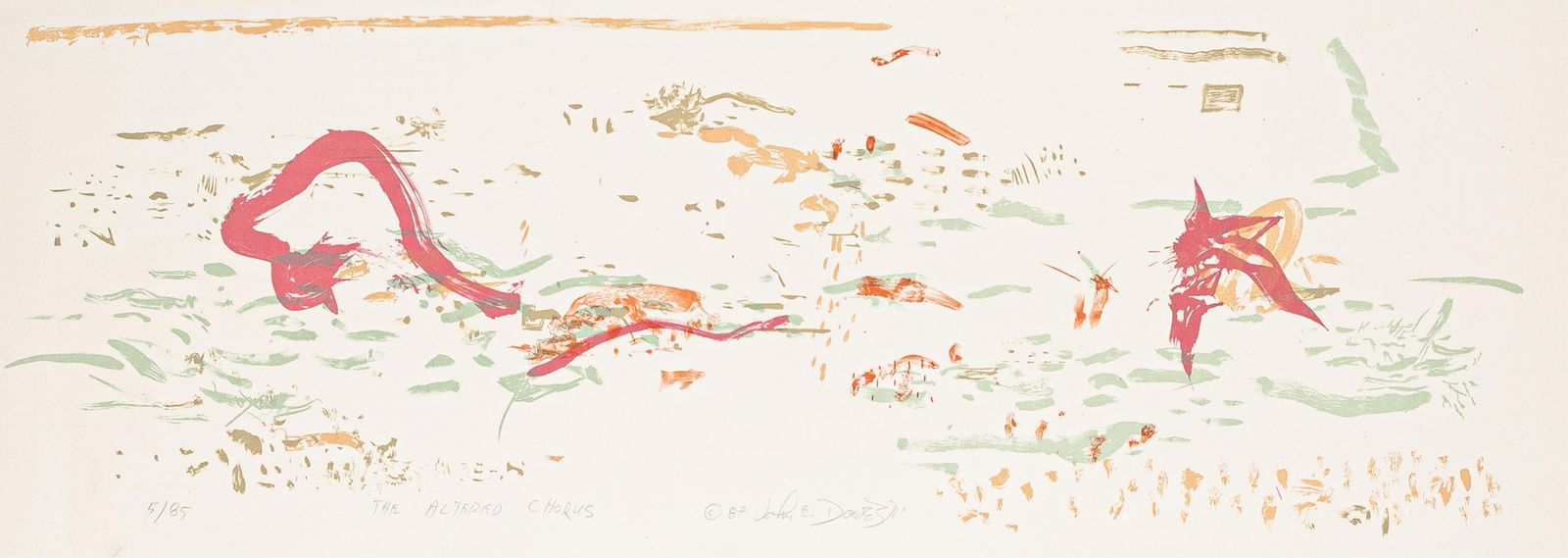 John Dowell, b. 1941, lot of two works, The Altered Chorus: John Dowellb. 1941lot of two works, The Altered Chorus1987colored lithograph11 x 30 inches (sheet)signed, dated, titled and numbered 5/85with another comparable work(colored lithograph)